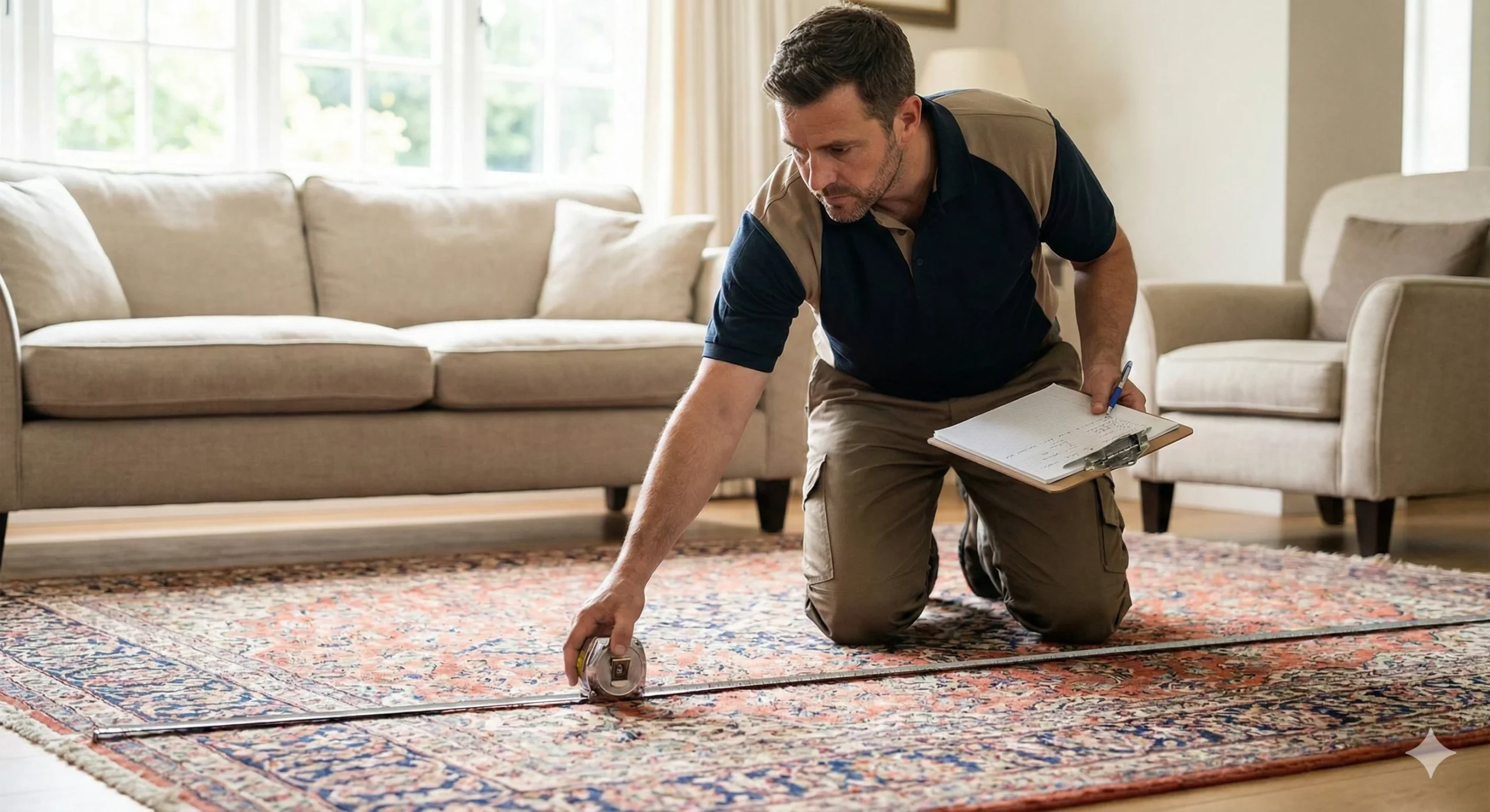 Photographie d'un artisan professionnel à genoux dans un salon, utilisant un mètre ruban métallique pour mesurer précisément la largeur d'un grand tapis et notant les dimensions sur un porte-bloc. Cette étape illustre l'évaluation technique des critères variables définissant le prix du nettoyage
