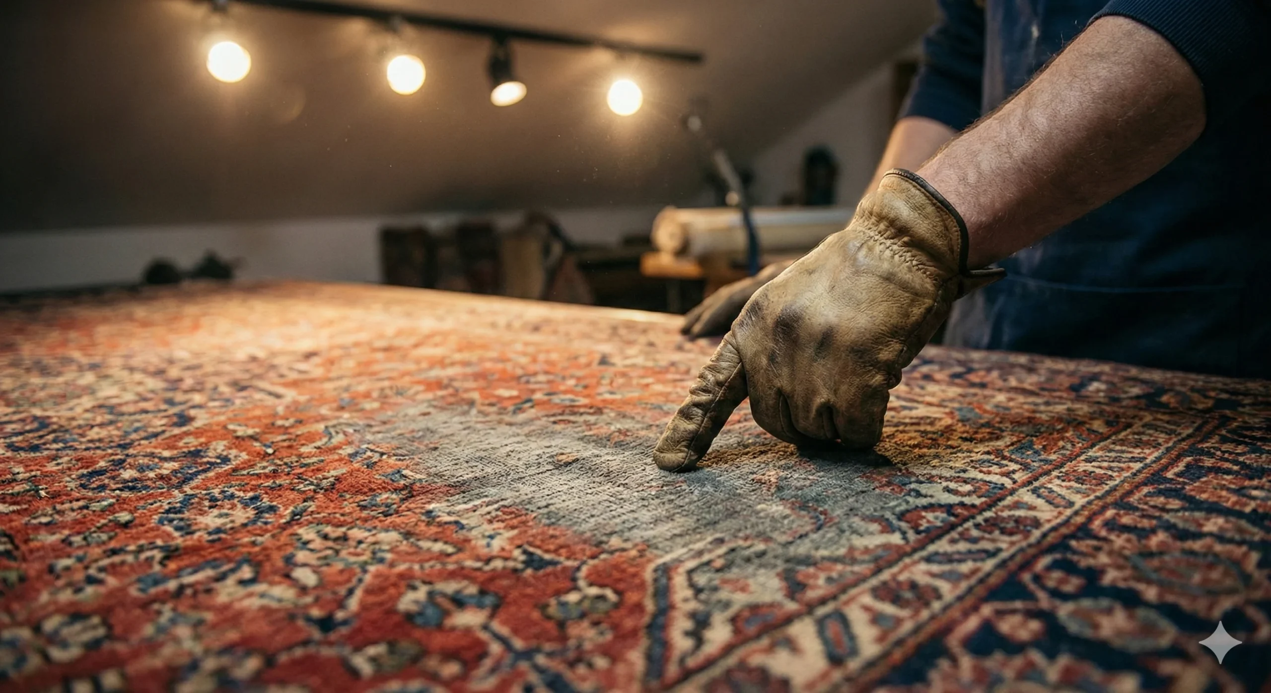 Gros plan sur la main gantée d'un artisan tapissier pointant une zone où les fibres sont aplaties et les couleurs ternies sur un tapis persan ancien, sous l'éclairage d'un atelier de restauration.