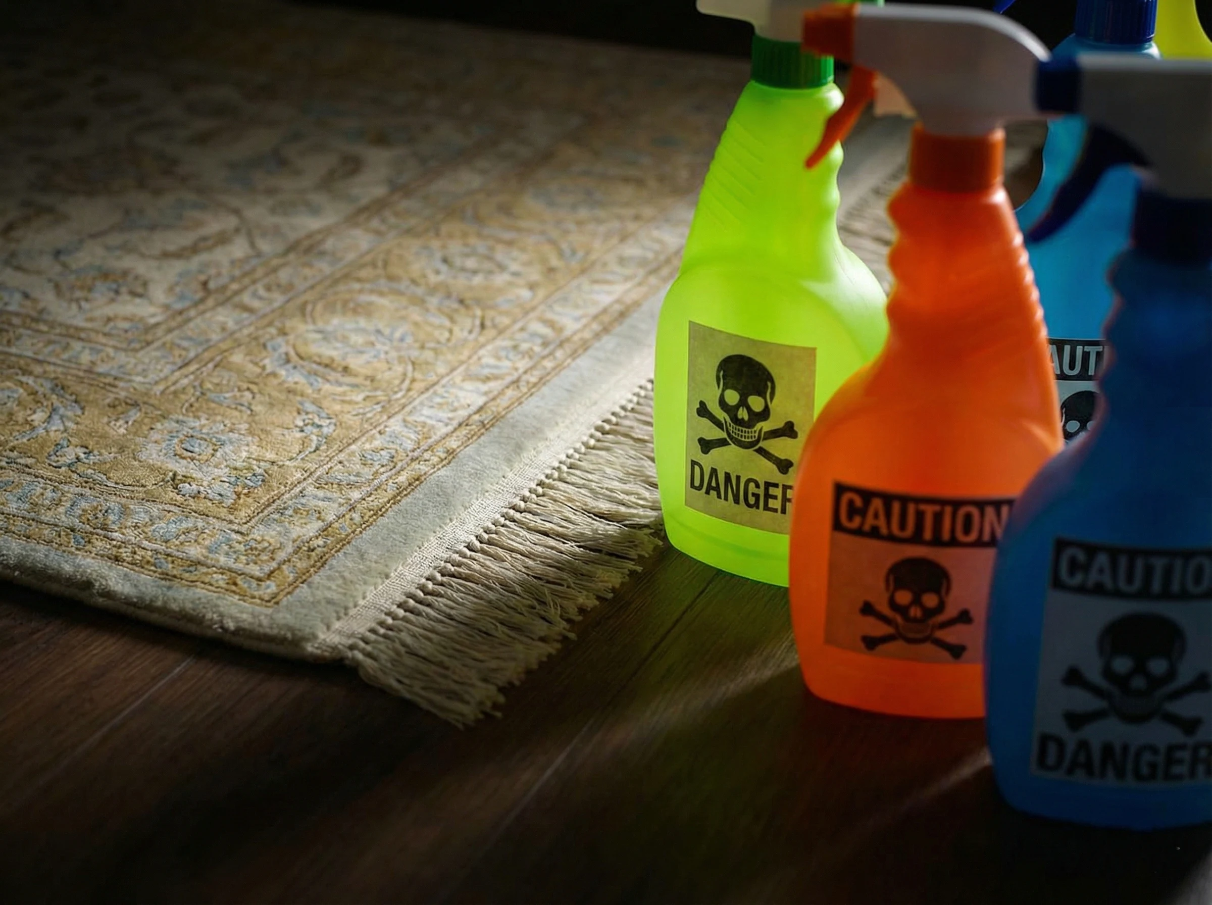 Photographie dramatique montrant des vaporisateurs de produits chimiques agressifs aux couleurs vives avec des étiquettes "DANGER" et des crânes, posés dangereusement près de la frange d'un tapis en soie fin et délicat. L'image illustre le risque d'endommager les fibres textiles avec des nettoyants ménagers inadaptés.