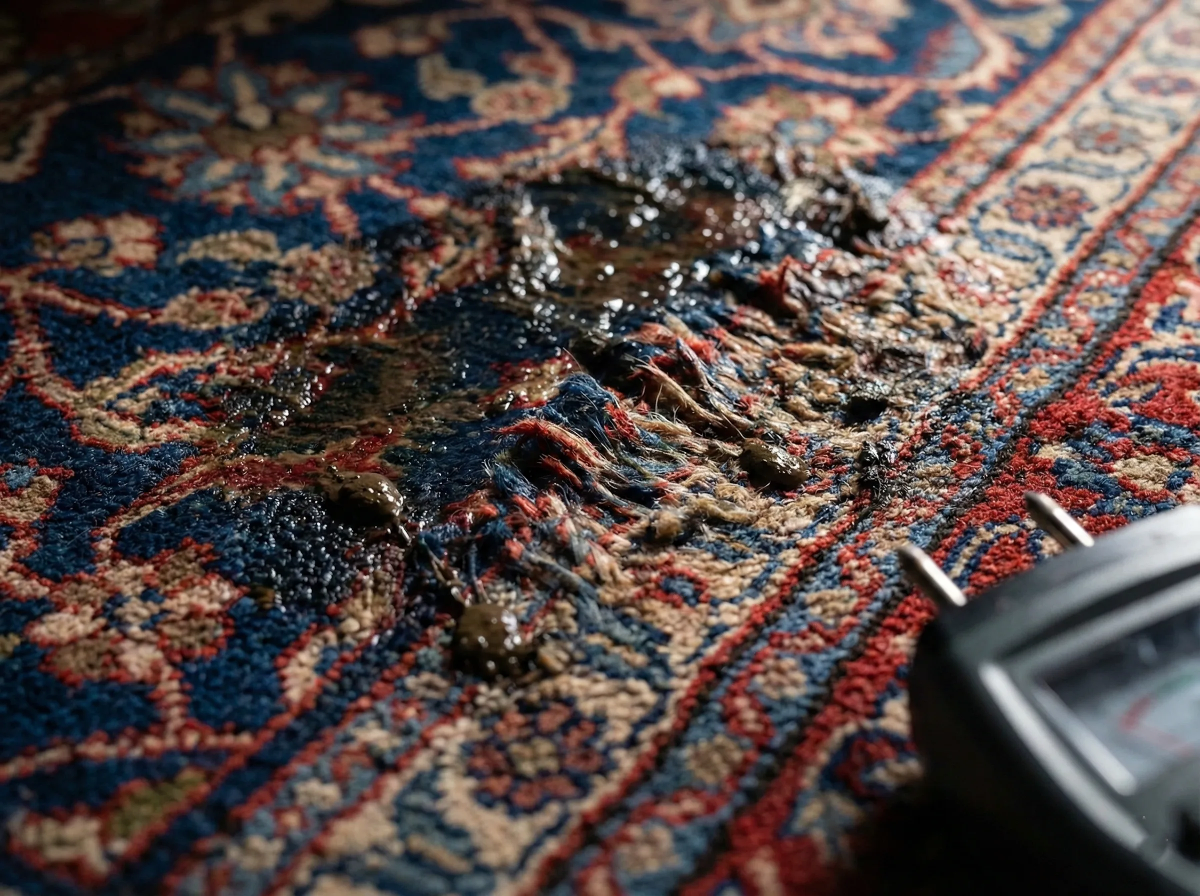 Gros plan macro photographique sur une section d'un tapis en laine persan complètement saturée d'eau, montrant des fibres sombres, collées et en train de pourrir, illustrant les dommages irréversibles de l'humidité. Les sondes d'un testeur d'humidité professionnel sont visibles en bas à droite, confirmant le sinistre.