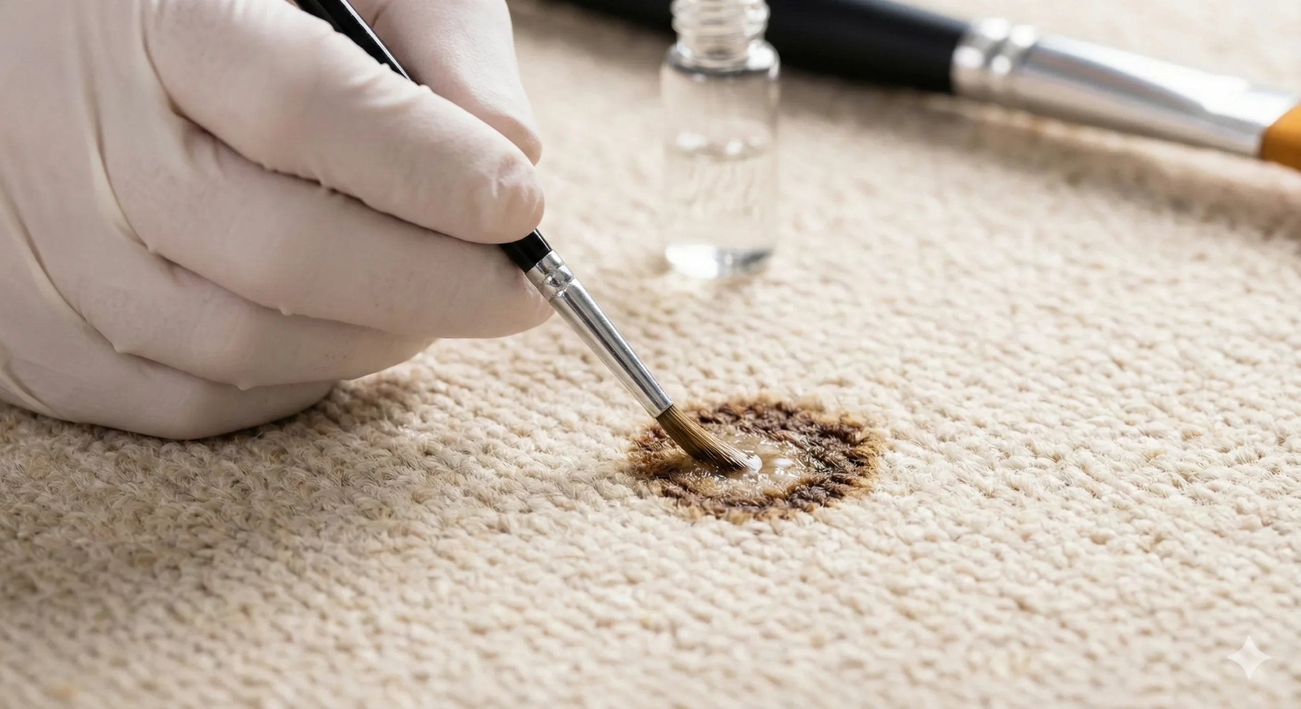 Gros plan macro sur une intervention de détachage chirurgical. Une main gantée de blanc applique avec une extrême précision un produit liquide à l'aide d'un pinceau fin sur une tache brune (type café) isolée sur un tapis beige clair. Un petit flacon de produit est visible en arrière-plan