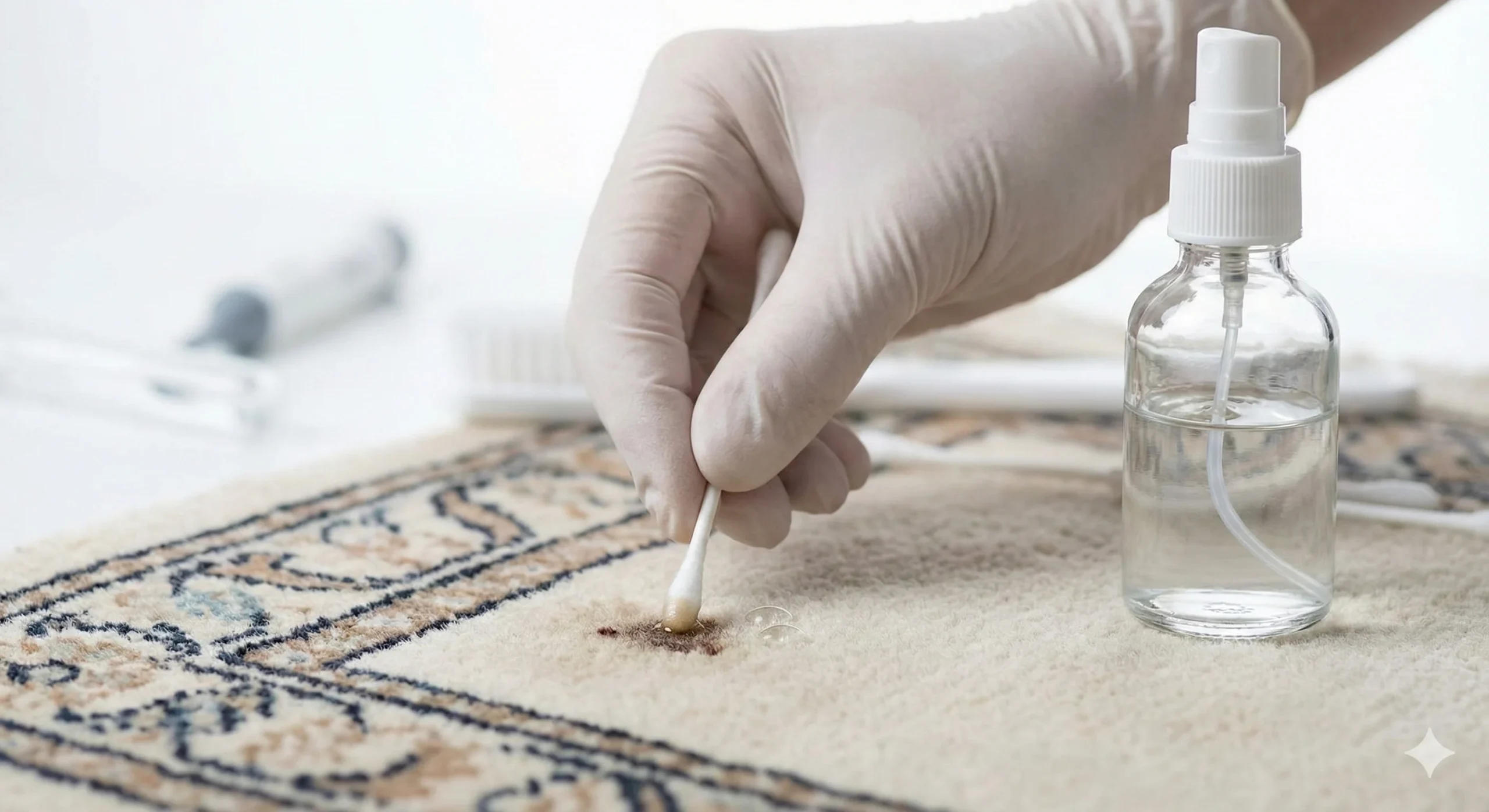 Gros plan sur une intervention de détachage précis sur un tapis. Une main gantée de blanc utilise un coton-tige pour appliquer délicatement un traitement liquide sur une petite tâche marron. Un petit vaporisateur en verre contenant une solution transparente est posé à côté sur une surface blanche et propre