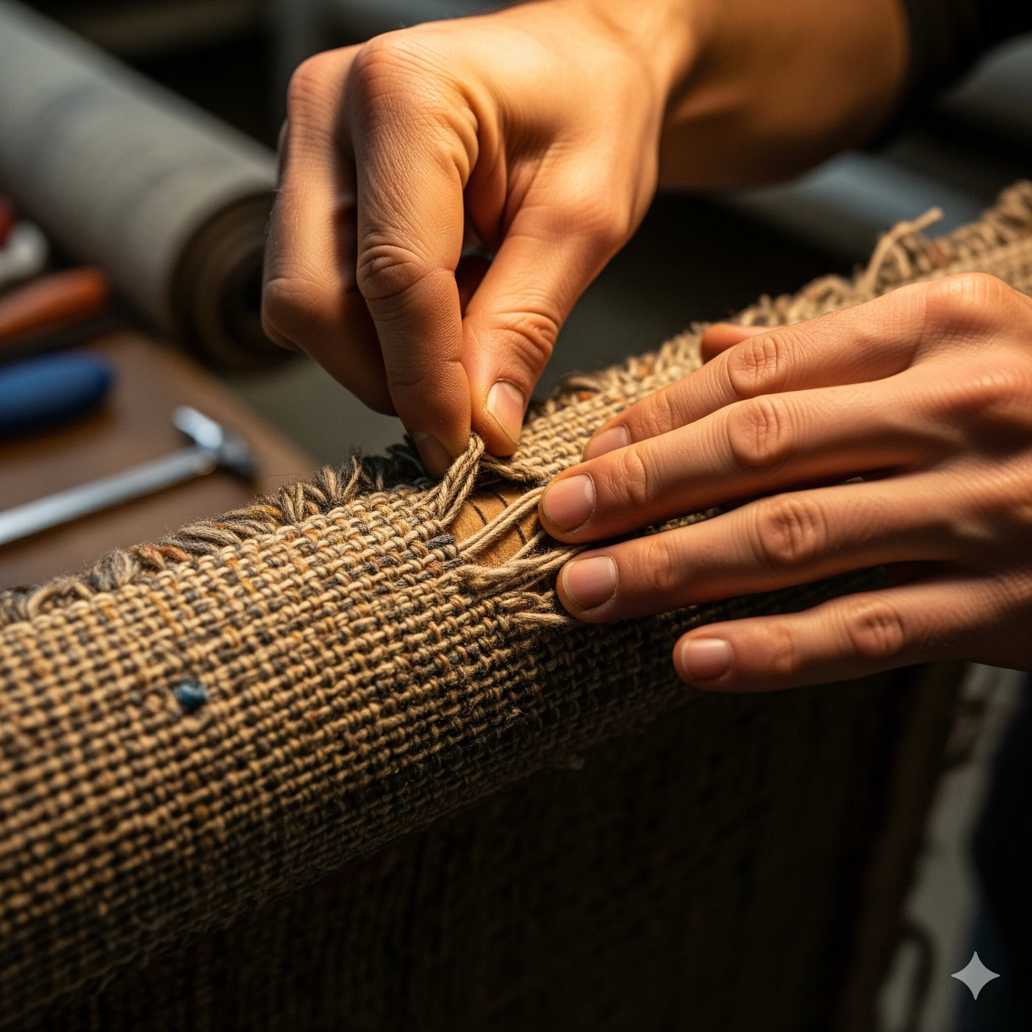 Gros plan sur les mains d'un artisan restaurateur en train d'examiner le dos d'un tapis endommagé dans un atelier professionnel. Il écarte délicatement les bords d'une fente pour vérifier l'état des fils de chaîne et de trame. L'éclairage est focalisé sur la zone de travail