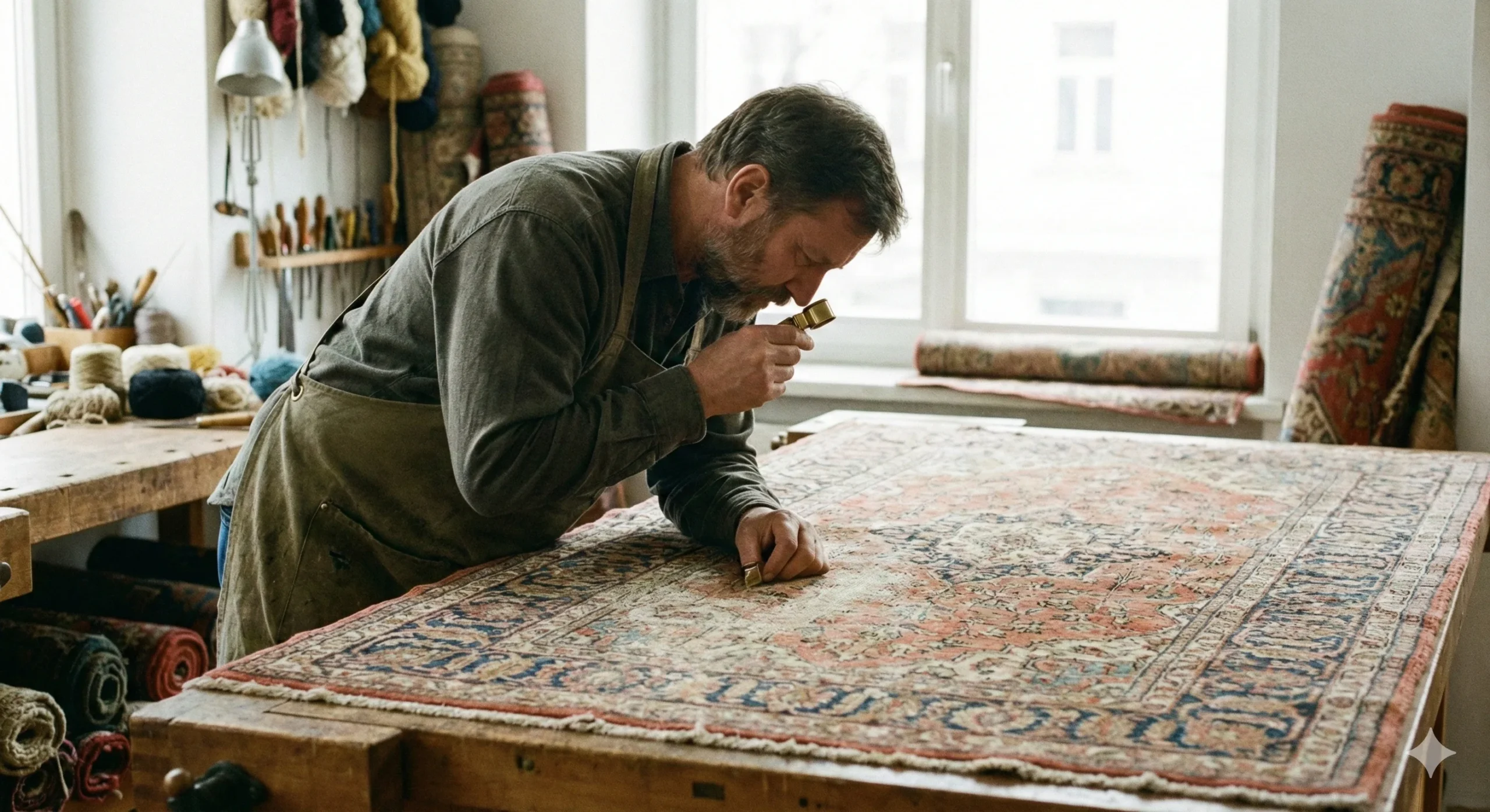 Artisan tapissier expérimenté dans son atelier, examinant avec une loupe de précision l'état des nœuds d'un grand tapis d'Orient ancien étalé sur un établi en bois.