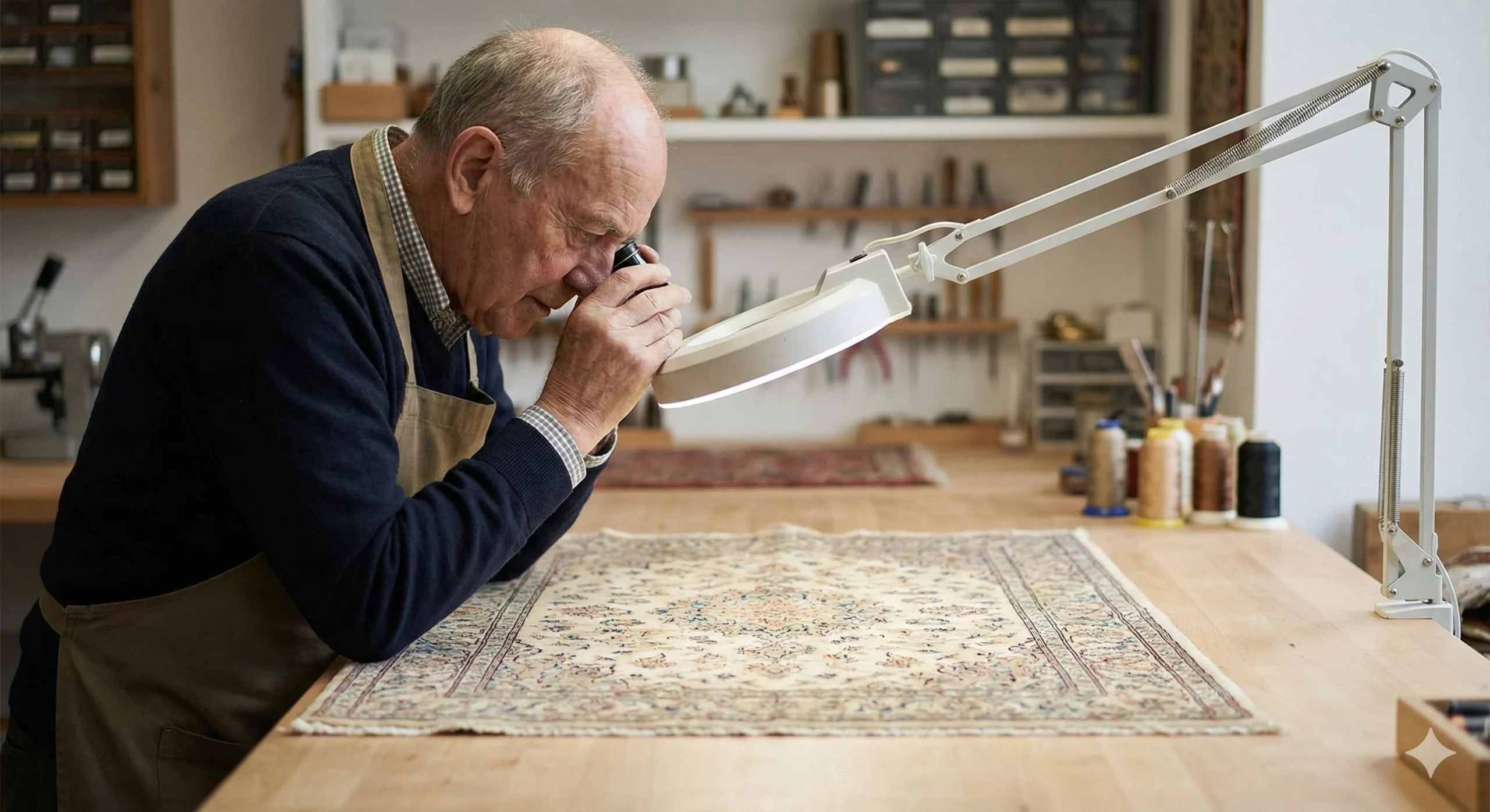 Photographie en plan moyen d'un artisan restaurateur âgé, vu de profil dans son atelier, examinant minutieusement un tapis de soie ancien à l'aide d'une loupe éclairante. Le tapis est posé sur une table en bois clair, et l'arrière-plan flou montre des outils de précision, des bobines de fil et d'autres tapis