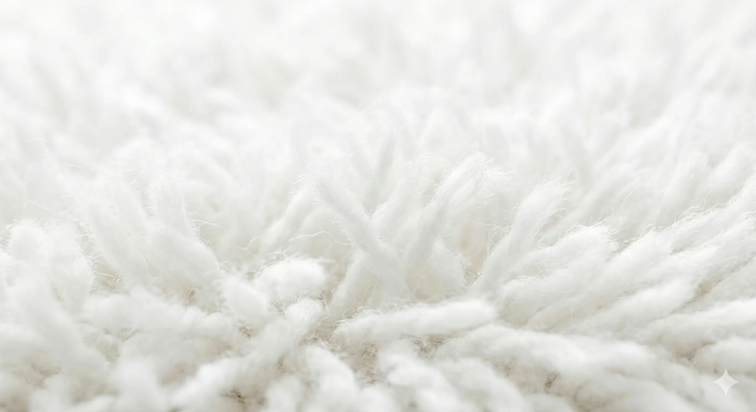 Photographie macro très lumineuse montrant en détail les fibres blanches et duveteuses d'un tapis parfaitement propre. L'image est baignée d'une lumière blanche clinique, illustrant l'absence totale de poussière, d'acariens ou d'impuretés, évoquant une hygiène absolue