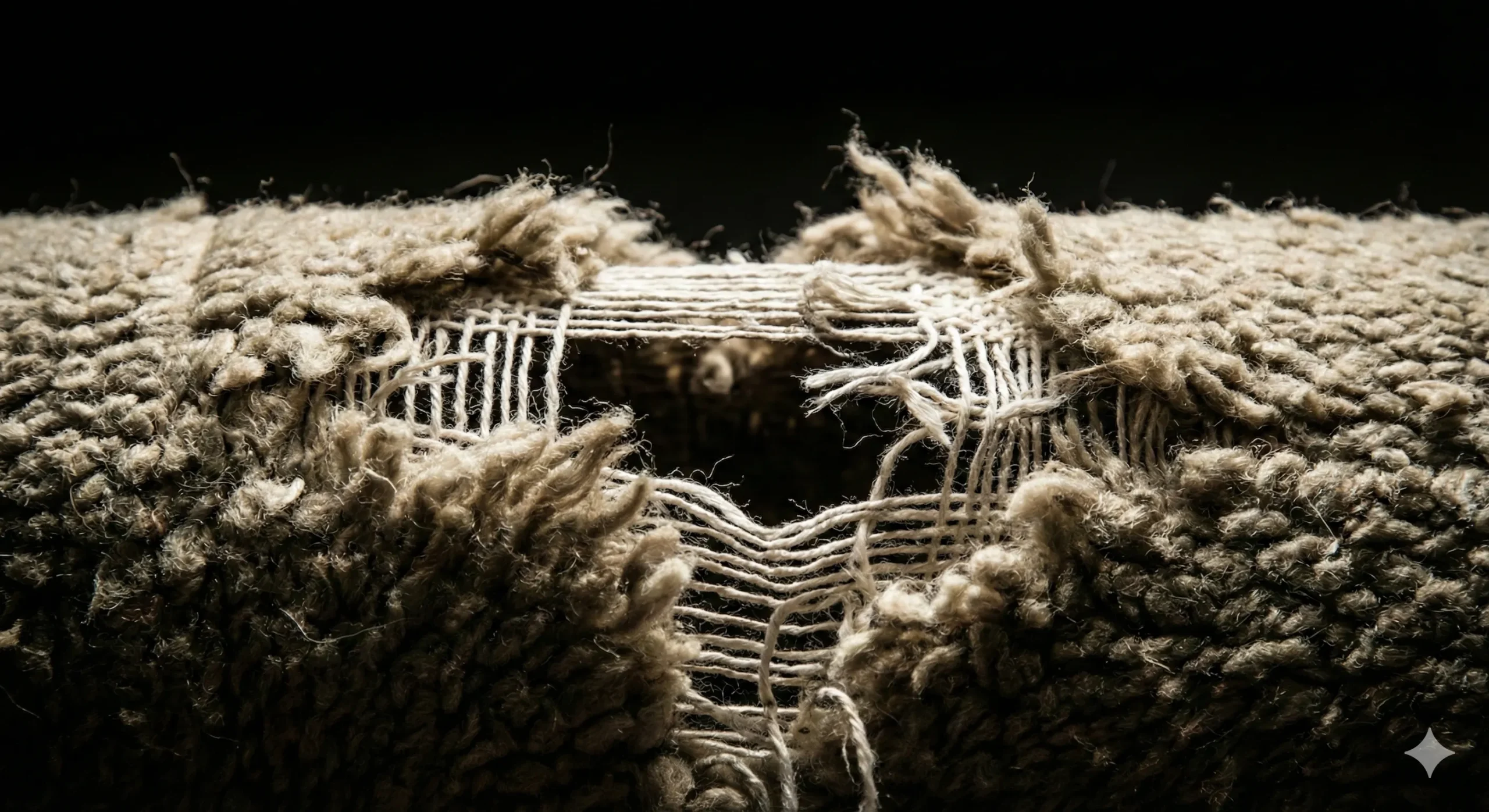 Photographie en gros plan (macro) avec un éclairage latéral dramatique, montrant une large déchirure nette au centre d'un tapis en laine épaisse de couleur beige. Les fils de chaîne blancs de la structure interne sont rompus et exposés, et les fibres de laine sont effilochées autour du trou béant. Le fond est noir et flou.