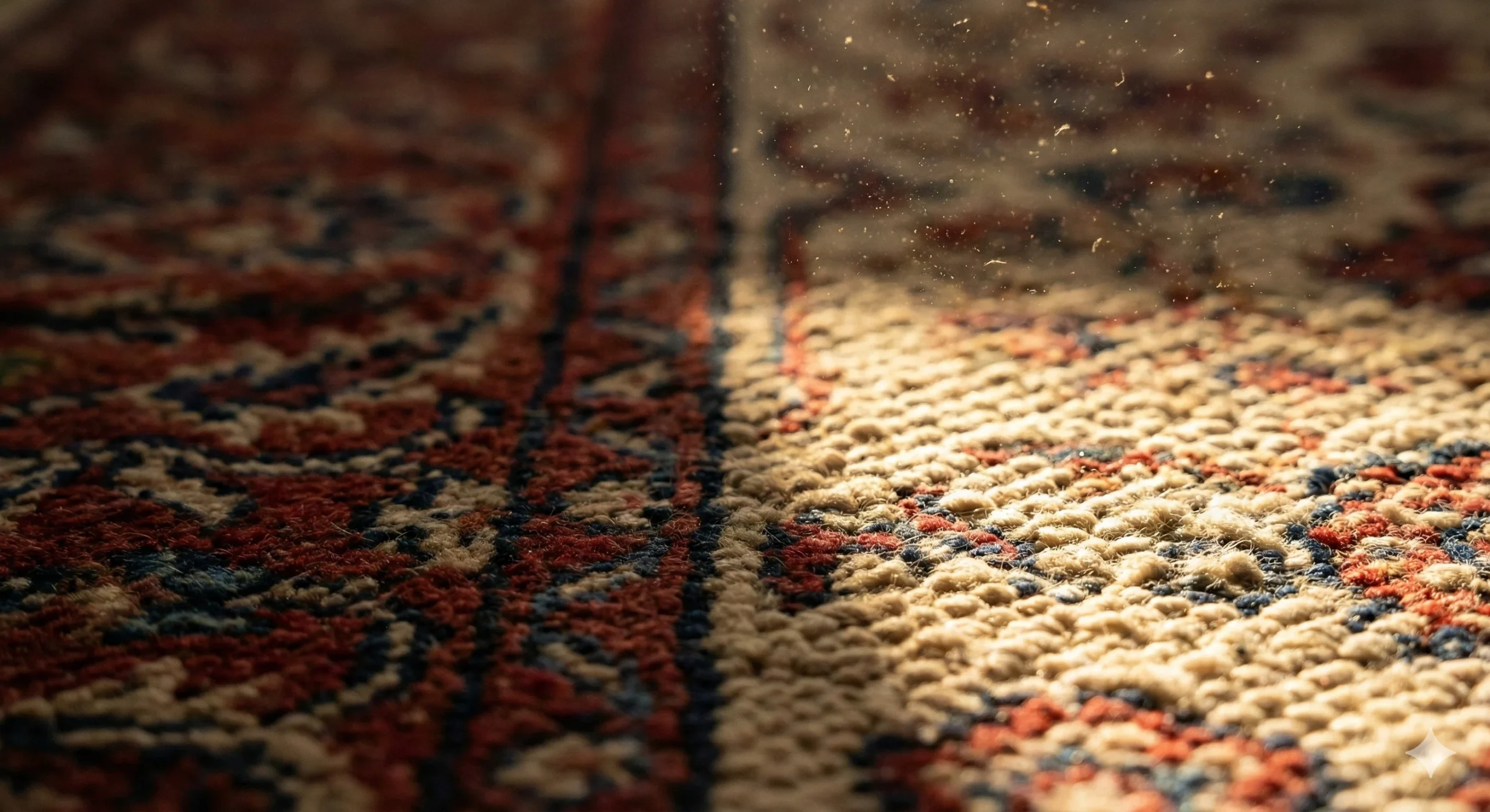 Vue macro des fibres et nœuds d'un tapis persan en laine, où un rayon de lumière rasante révèle de la poussière en suspension