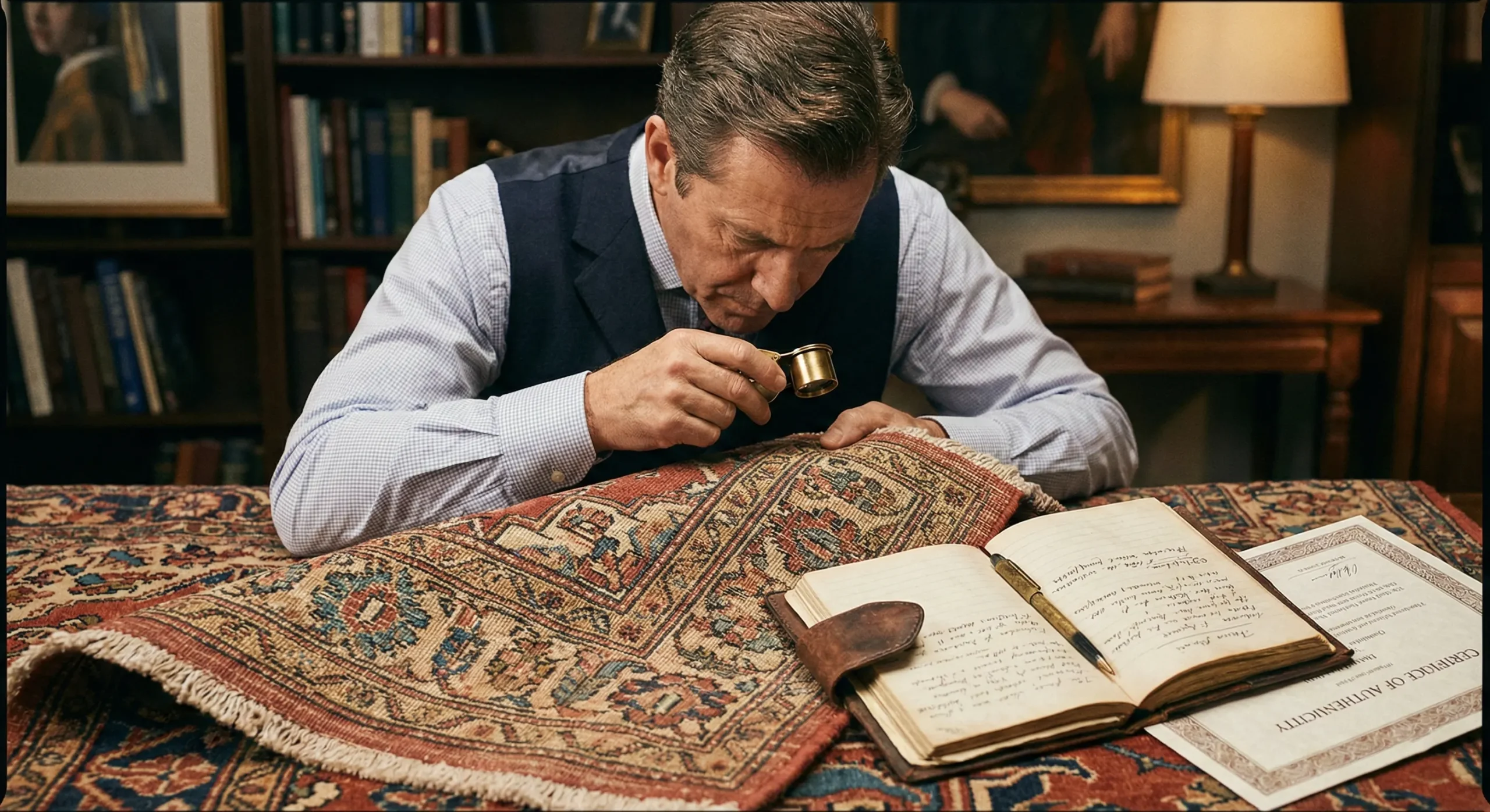 Un expert professionnel en tapis anciens examine minutieusement la densité des nœuds au dos d'un tapis d'Orient à l'aide d'une loupe en laiton. Un carnet de notes en cuir ouvert rempli d'écritures et un certificat d'authenticité sont posés sur la table à côté de lui dans une bibliothèque.