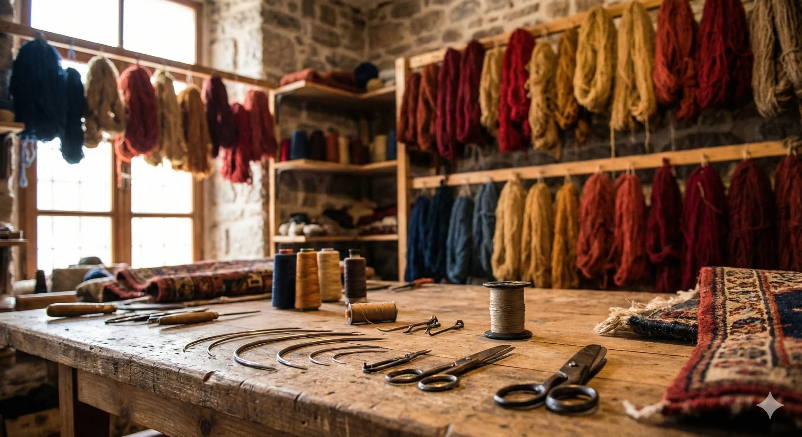 Vue d'ambiance d'un atelier de restauration de tapis traditionnel. Au premier plan, un établi en bois est couvert d'outils spécialisés comme des aiguilles courbes et des ciseaux. En arrière-plan, des écheveaux de laine de toutes couleurs sont suspendus à un mur de pierre