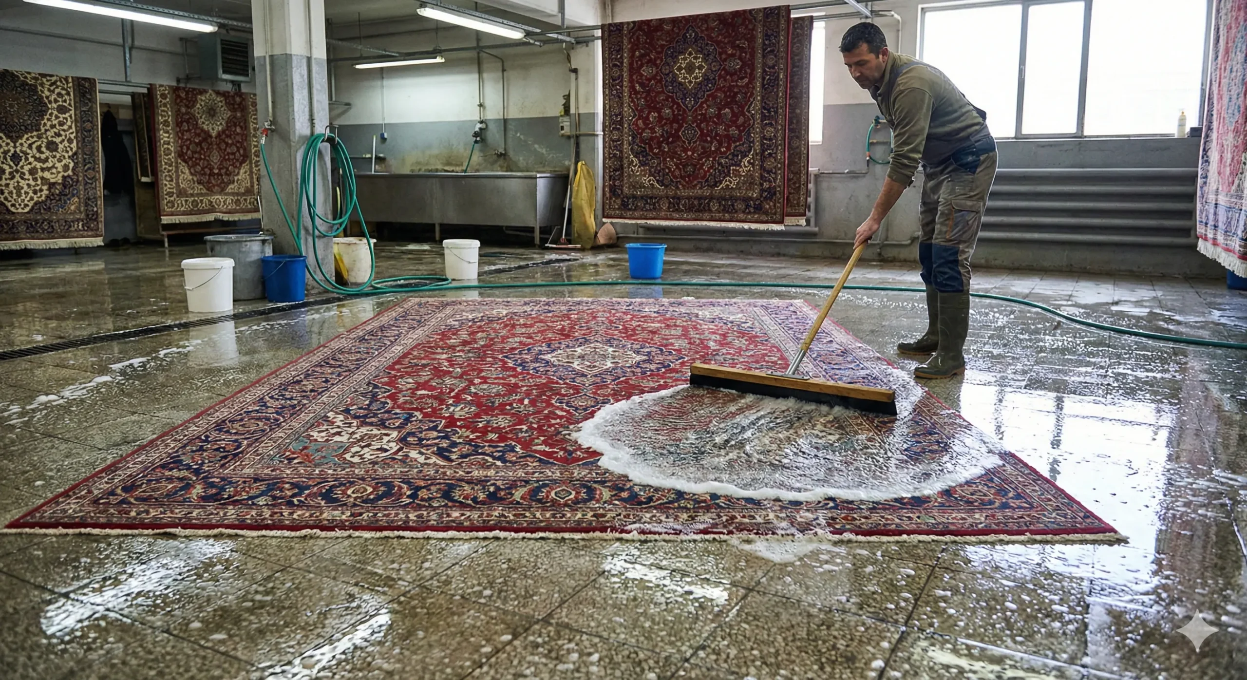 Vue large d'un atelier de nettoyage de tapis professionnel. Un artisan en bottes et bleu de travail utilise une grande raclette pour pousser l'eau savonneuse lors du rinçage d'un grand tapis persan rouge étalé sur le sol carrelé mouillé. D'autres tapis sont suspendus en arrière-plan. L'atelier est grand, lumineux et équipé pour le lavage à grande eau