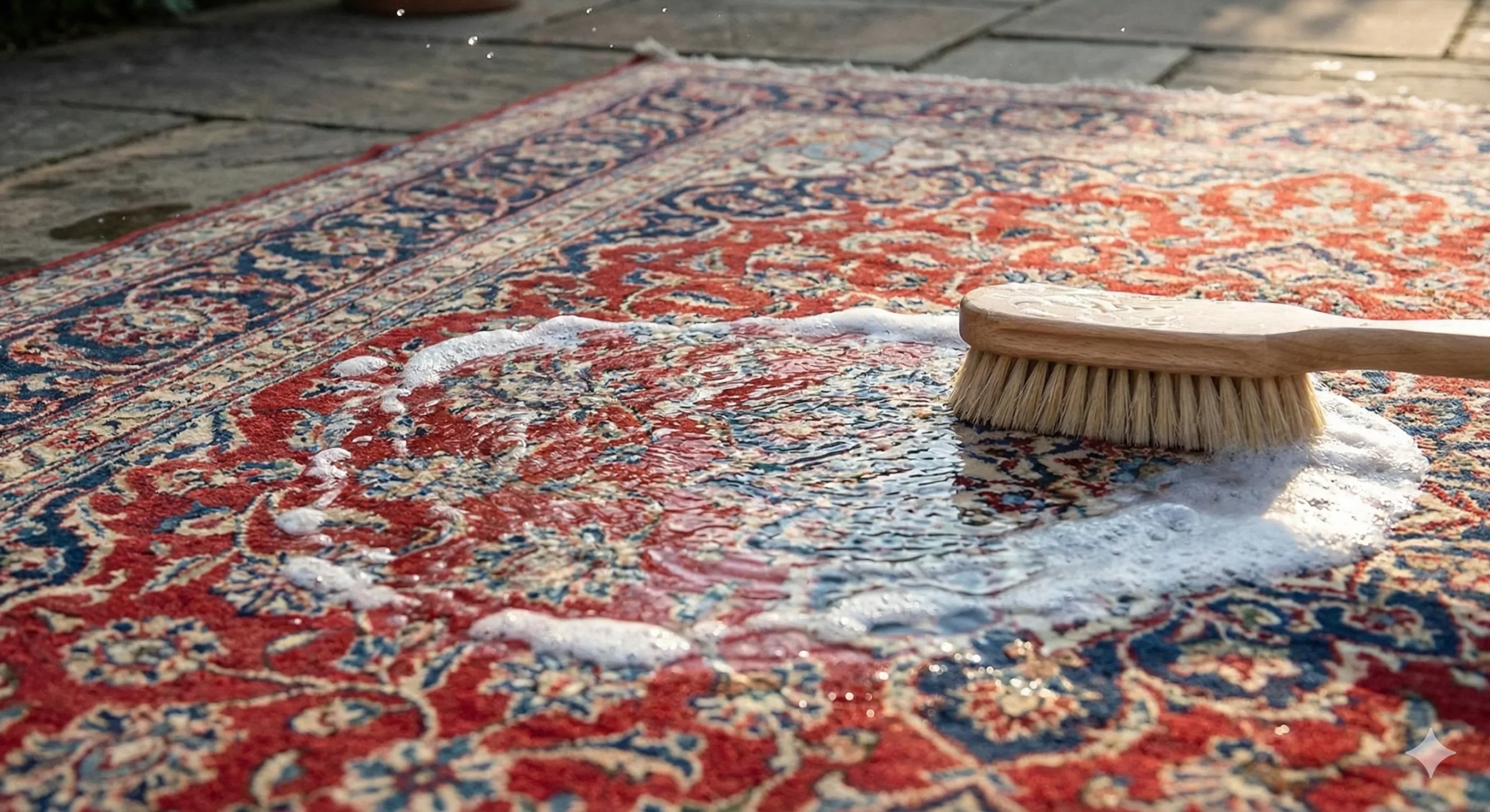 Vue rapprochée d'un lavage artisanal d'un tapis persan ancien en extérieur. De l'eau savonneuse forme de la mousse autour d'une brosse manuelle en bois et poils naturels, utilisée délicatement sur les motifs rouges et bleus du tapis sous une lumière naturelle