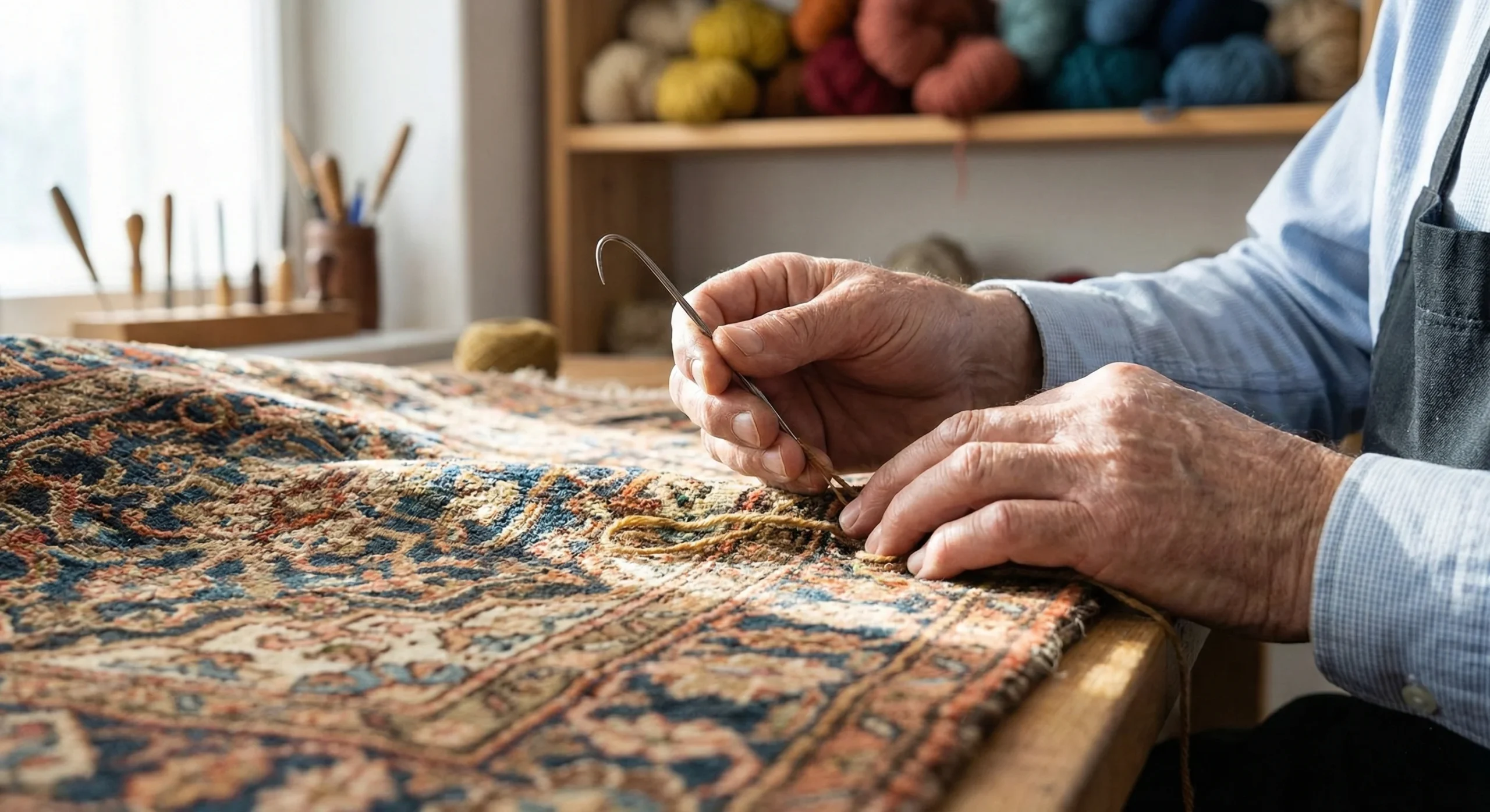 Gros plan sur les mains expertes d'un artisan tapissier utilisant une aiguille courbée traditionnelle pour effectuer un retissage manuel minutieux sur les motifs d'un tapis persan ancien dans un atelier.