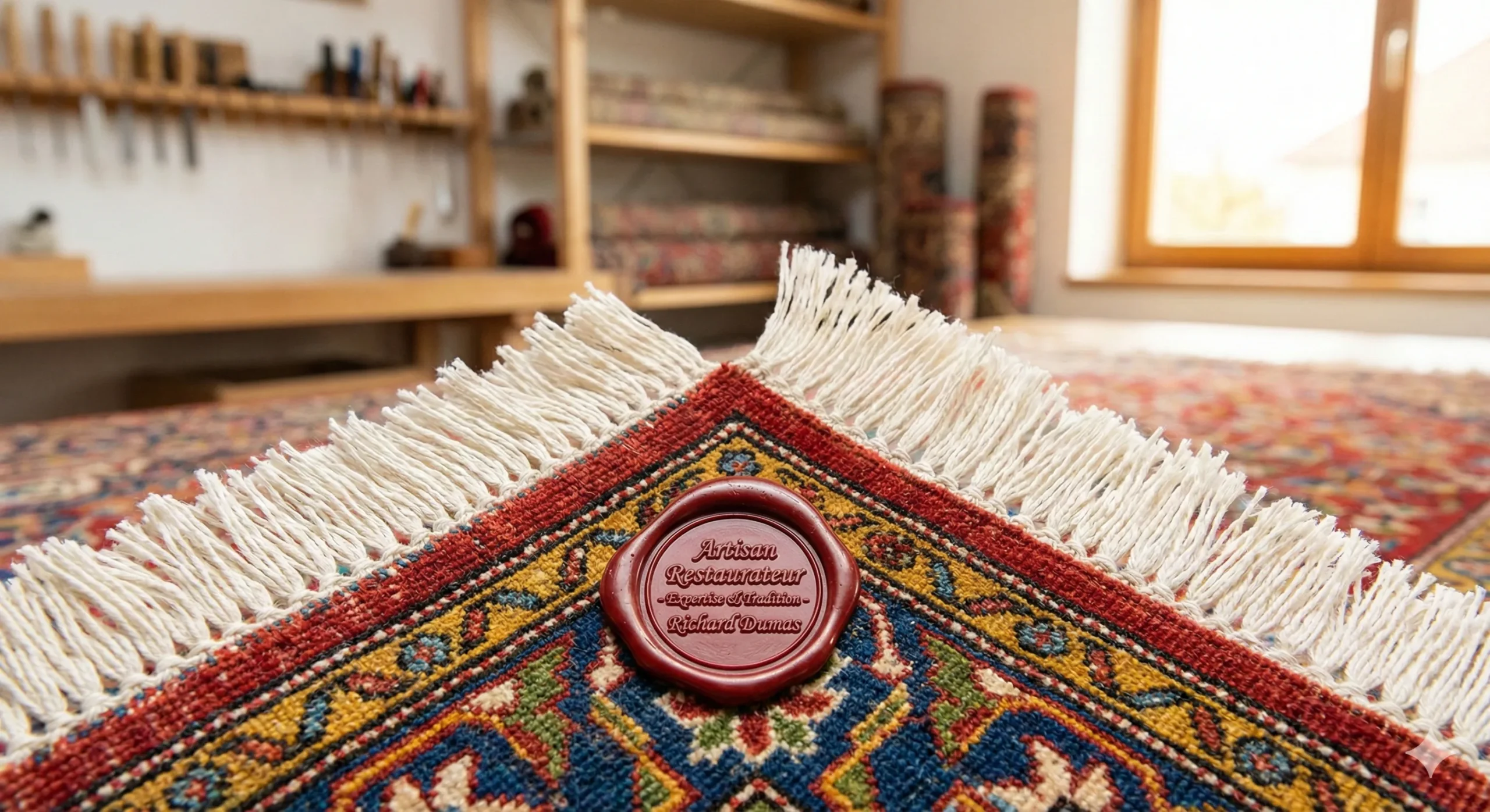 Gros plan sur le coin parfaitement restauré d'un tapis d'Orient ancien, avec des franges blanches neuves. Un sceau de cire rouge gravé "Artisan Restaurateur - Expertise & Tradition - Richard Dumas" est apposé dessus, avec un atelier en arrière-plan flou.
