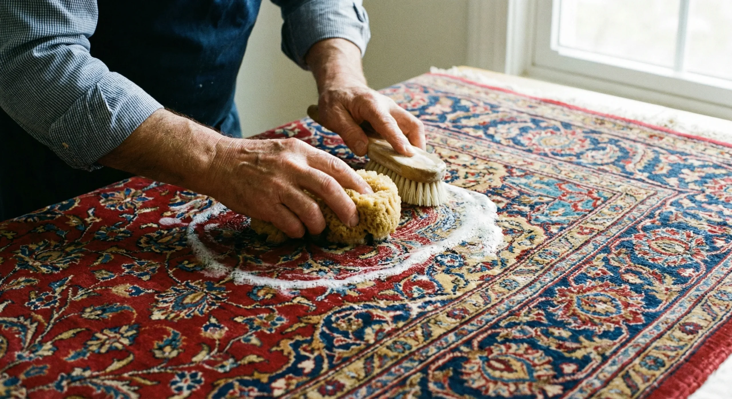 Gros plan sur les mains d'un artisan nettoyant délicatement un tapis d'Orient ancien aux motifs rouges et bleus à l'aide d'une éponge naturelle, d'une brosse douce et de mousse de savon