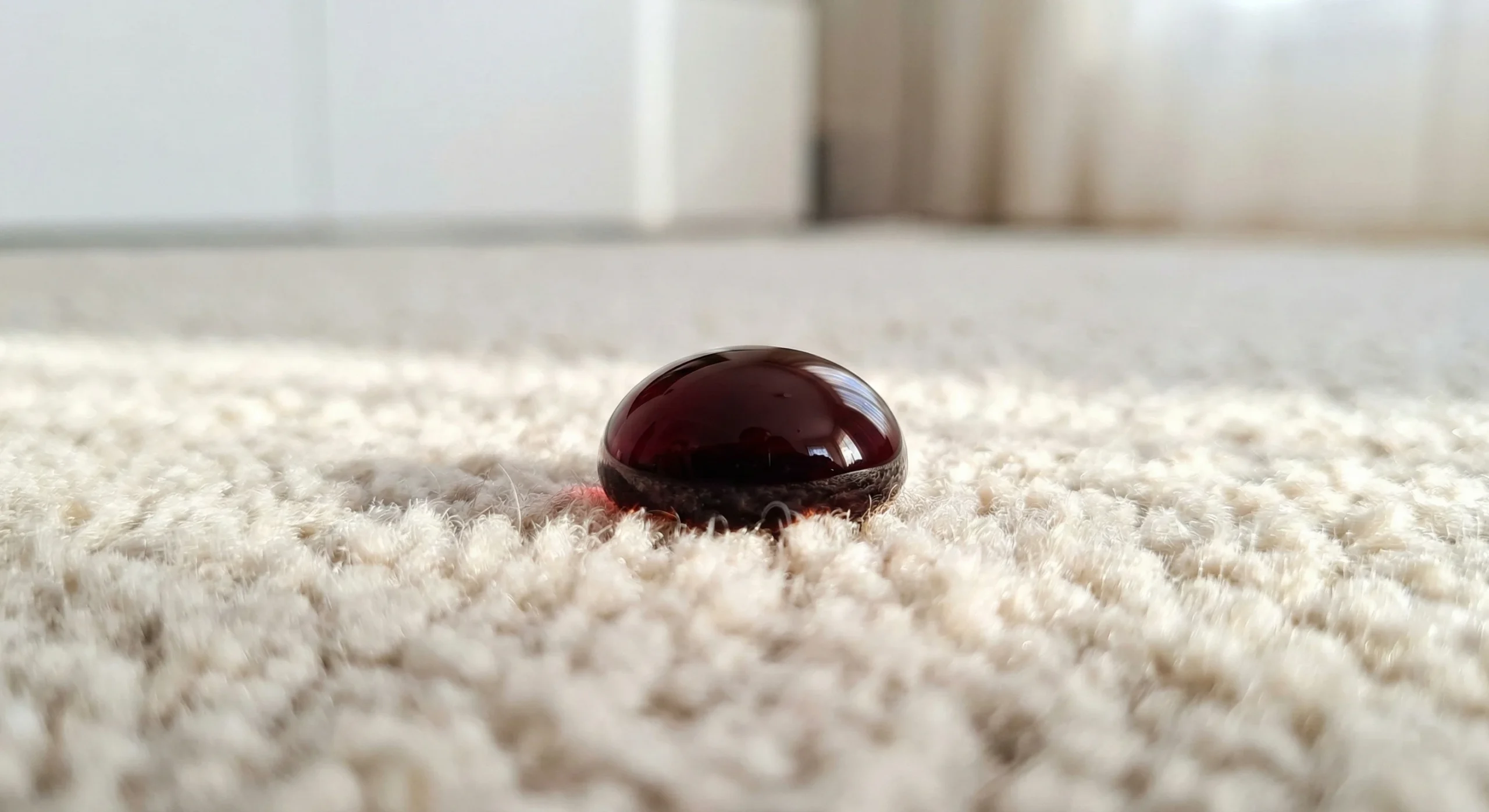 Macrophotographie d'une goutte de liquide foncé (comme du vin rouge) formant une perle parfaite à la surface d'un tapis clair à poils longs, sans pénétrer les fibres, grâce à un traitement imperméabilisant.