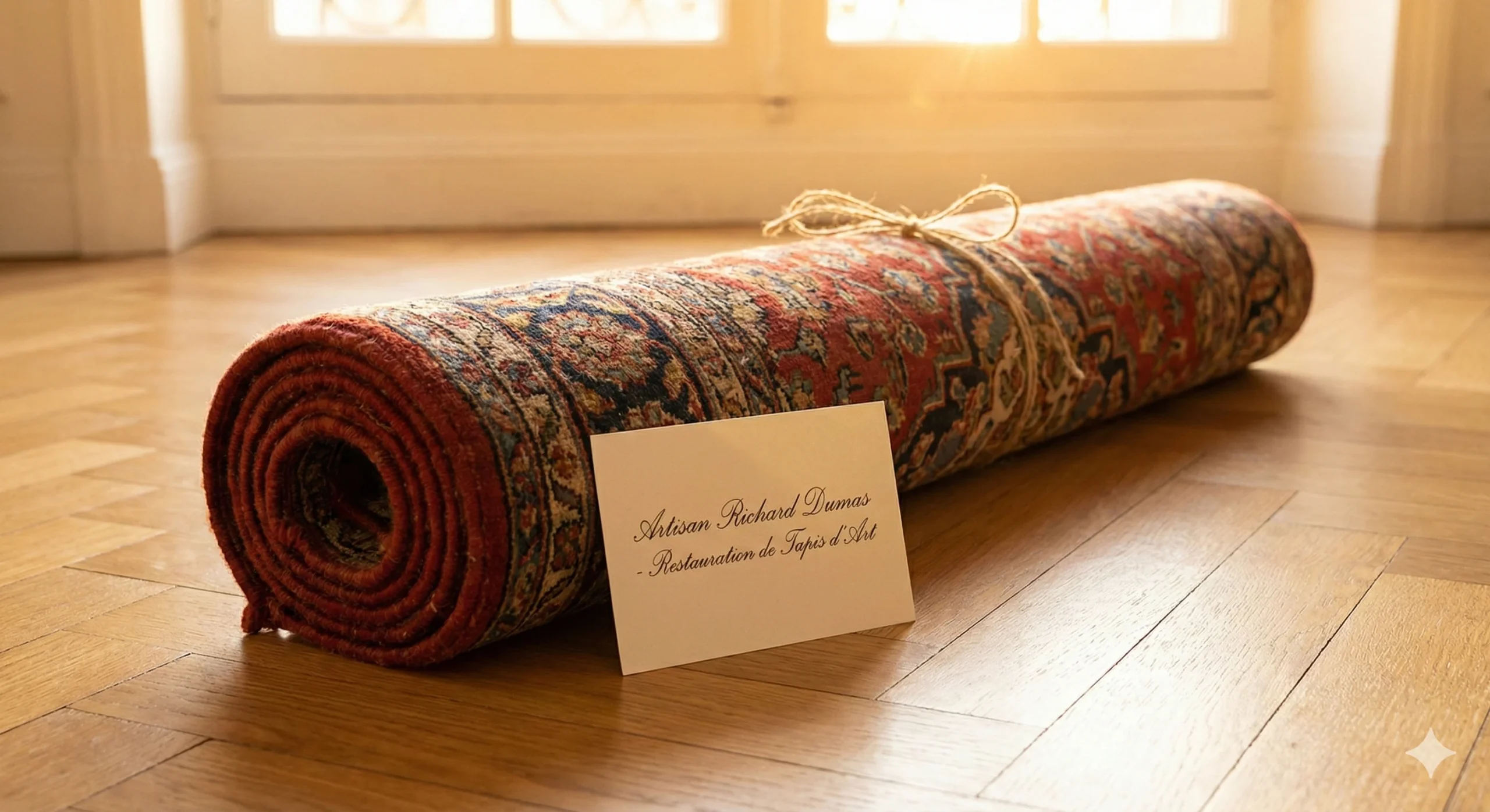 Tapis persan ancien parfaitement restauré, roulé et attaché avec de la ficelle, posé sur un parquet en chêne sous une lumière dorée. Une carte avec le texte "Artisan Richard Dumas - Restauration de Tapis d'Art" est posée à côté