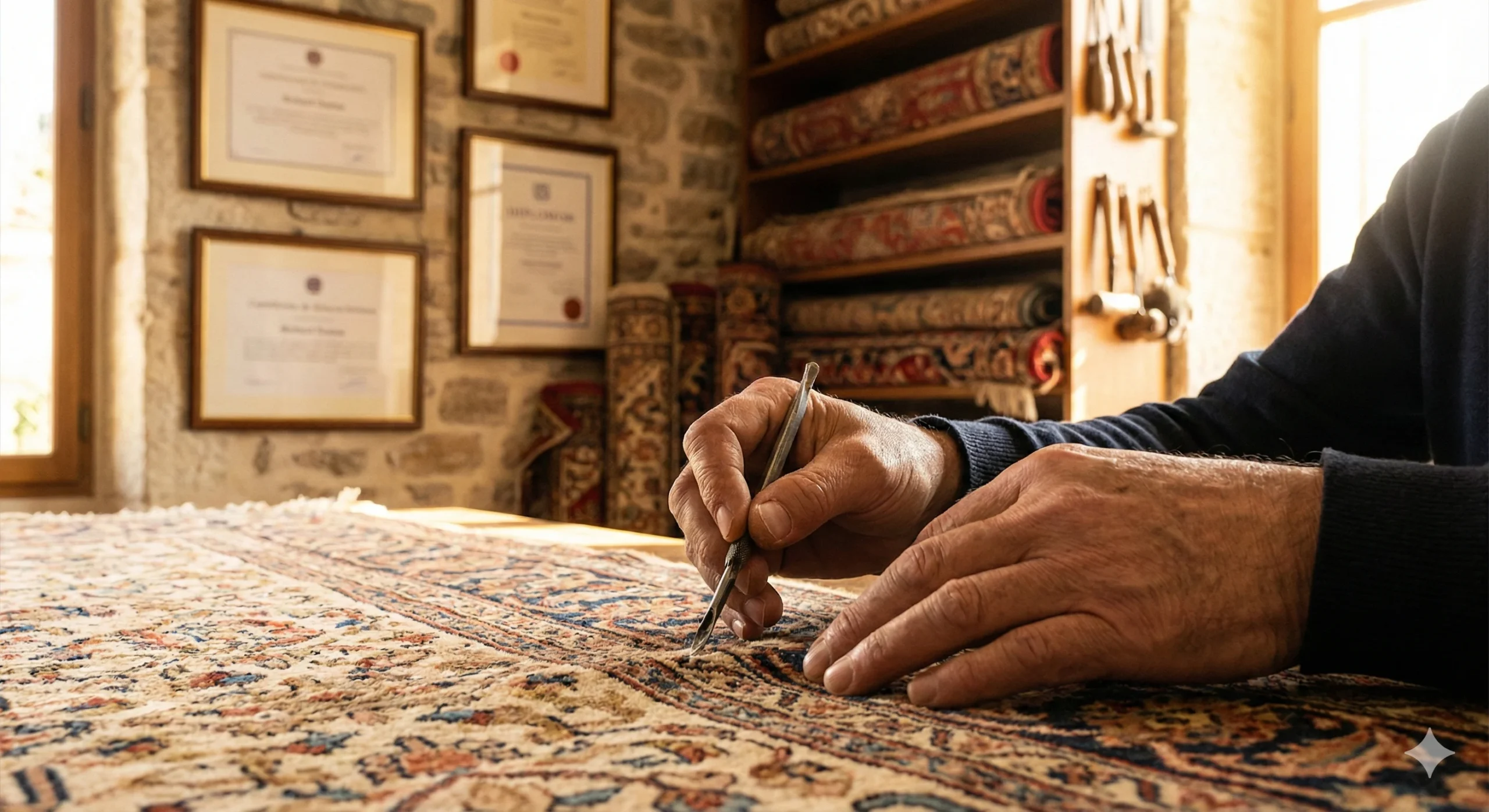 Gros plan sur les mains d'un maître artisan utilisant un outil spécialisé pour restaurer un tapis d'Orient ancien. En arrière-plan flou, on distingue des certificats encadrés au mur et des étagères avec des tapis roulés dans un atelier lumineux