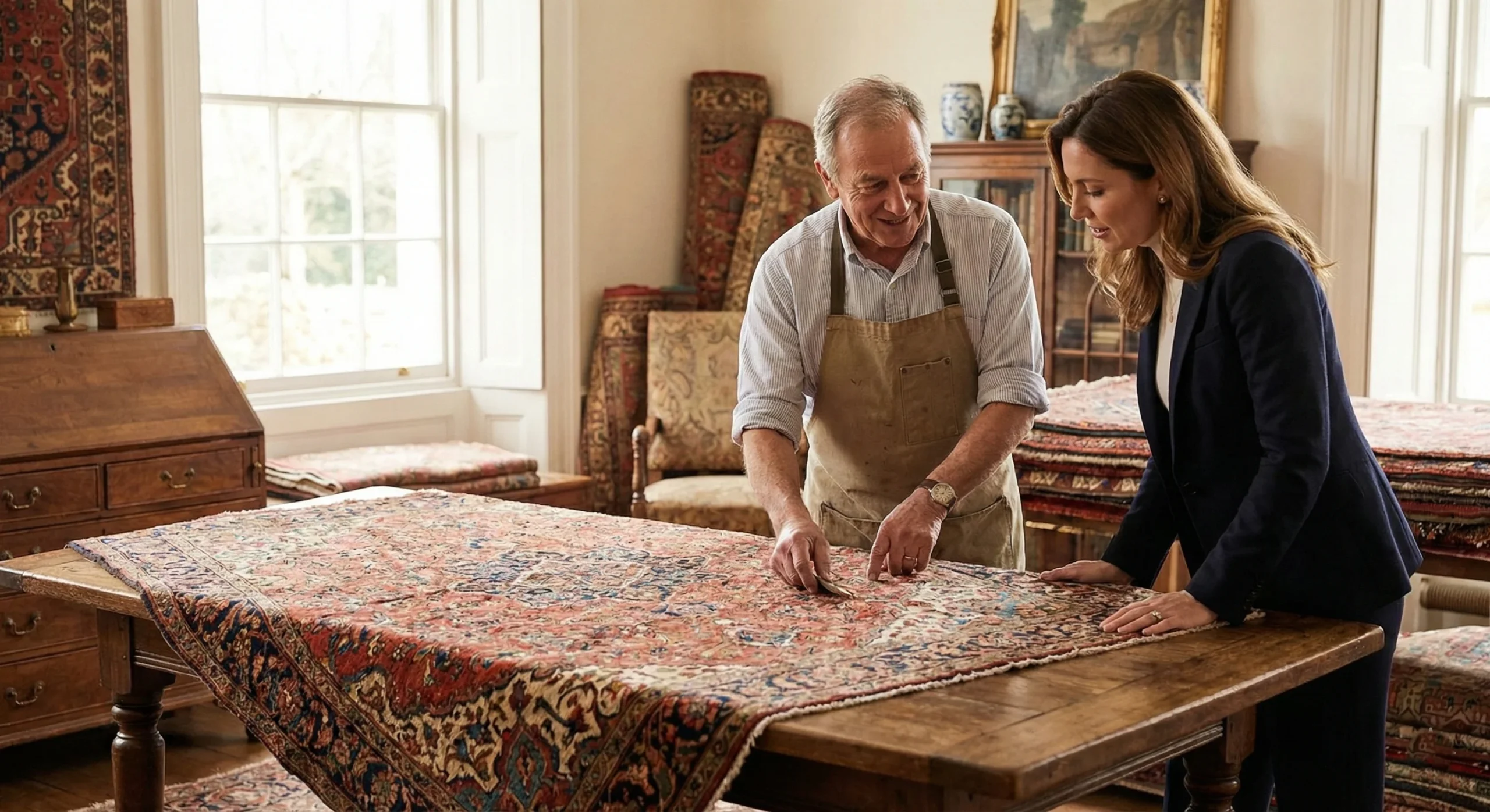 Un artisan expert en tablier discute et examine délicatement les fibres d'un grand tapis persan avec une cliente sur une table en bois. Une scène illustrant le conseil sur-mesure et la confiance lors du choix d'un professionnel du nettoyage de tapis.