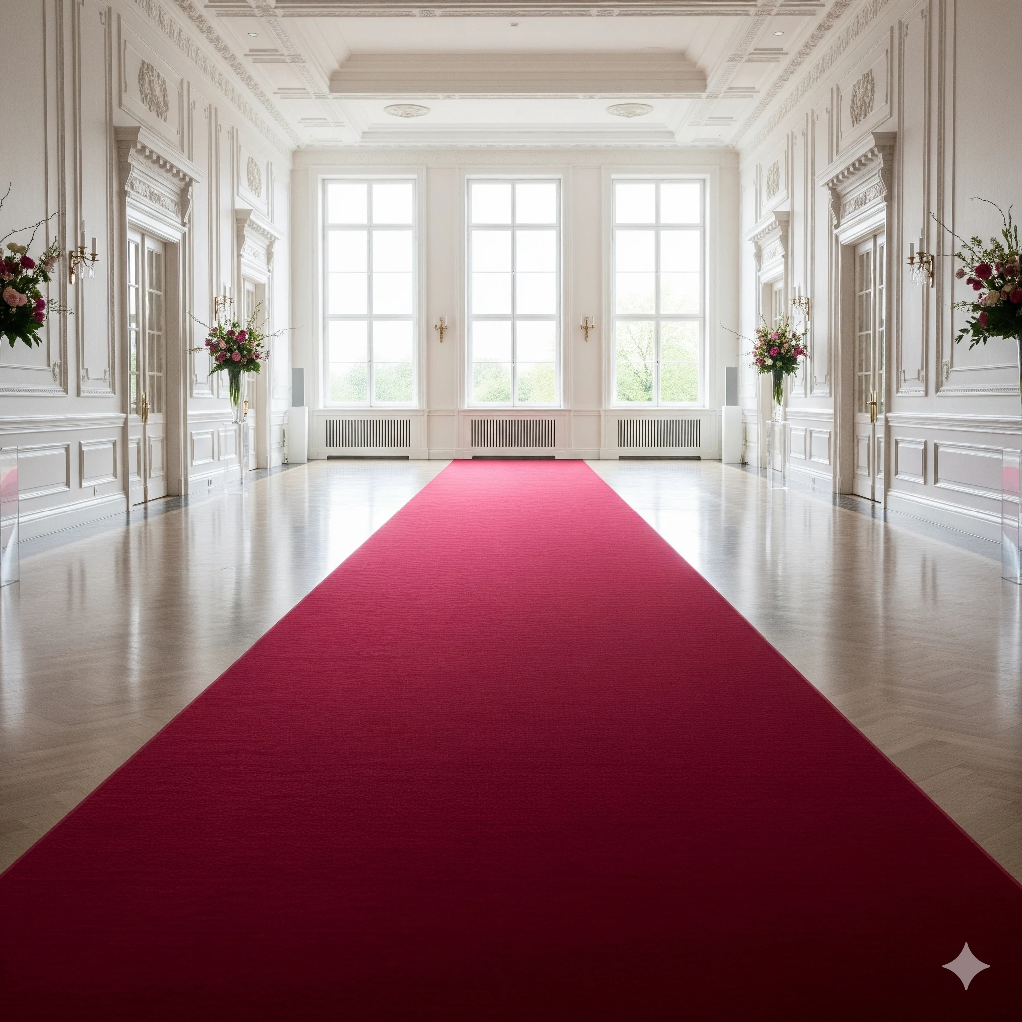 Photographie d'un très long et majestueux tapis rouge de réception, parfaitement nettoyé, aligné et sans aucun pli. Il est déroulé au centre d'une grande salle de bal lumineuse aux murs blancs ornés de moulures classiques et fenêtres hautes, prête à accueillir un événement de prestige comme un gala