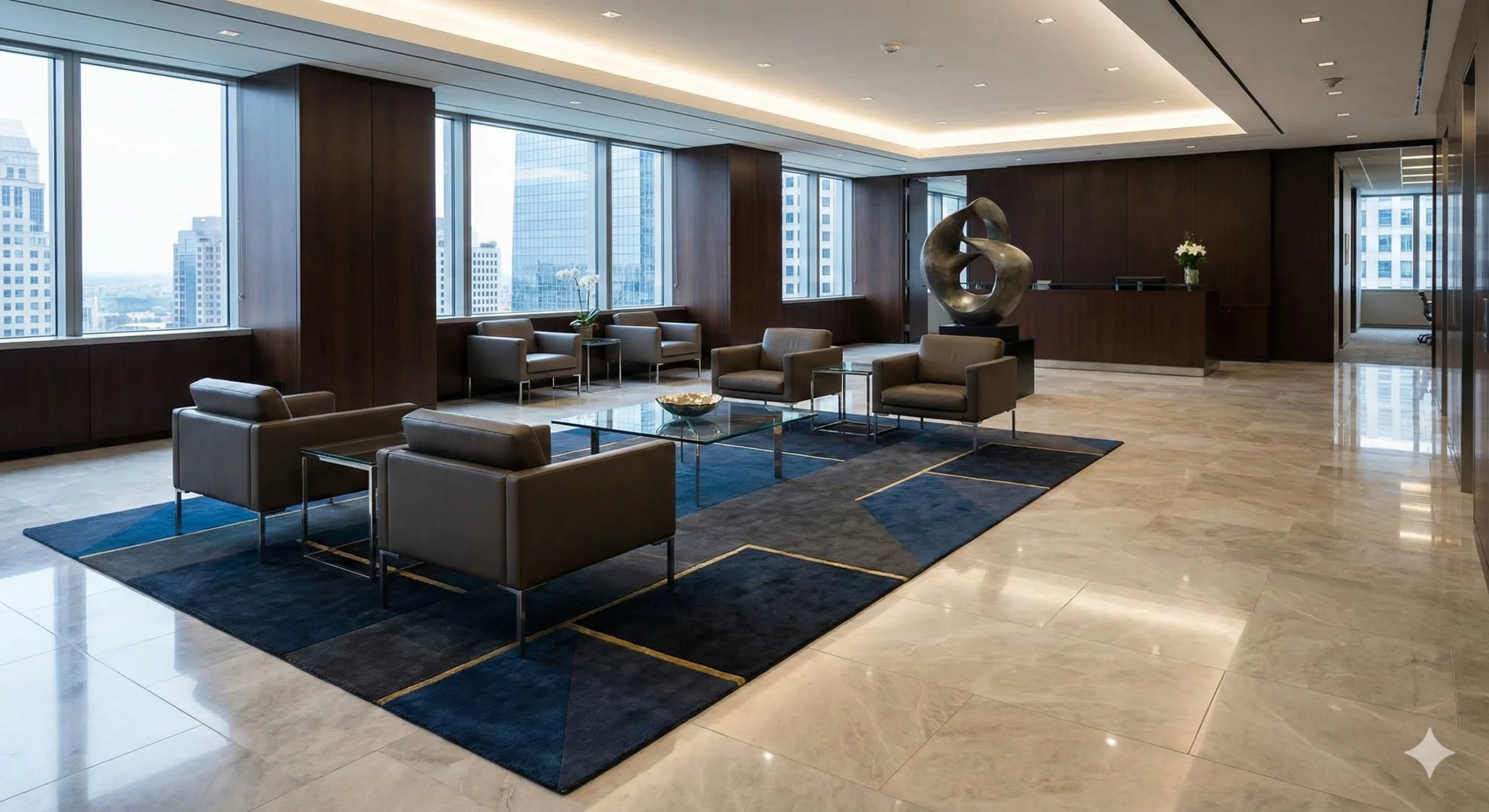 Vue d'un vaste hall de réception d'entreprise ou d'hôtel de luxe moderne. Un très grand tapis contemporain aux motifs géométriques bleus et dorés, parfaitement propre et entretenu, délimite un espace salon avec des fauteuils en cuir sur un sol en marbre brillant. L'ambiance est corporative et prestigieuse