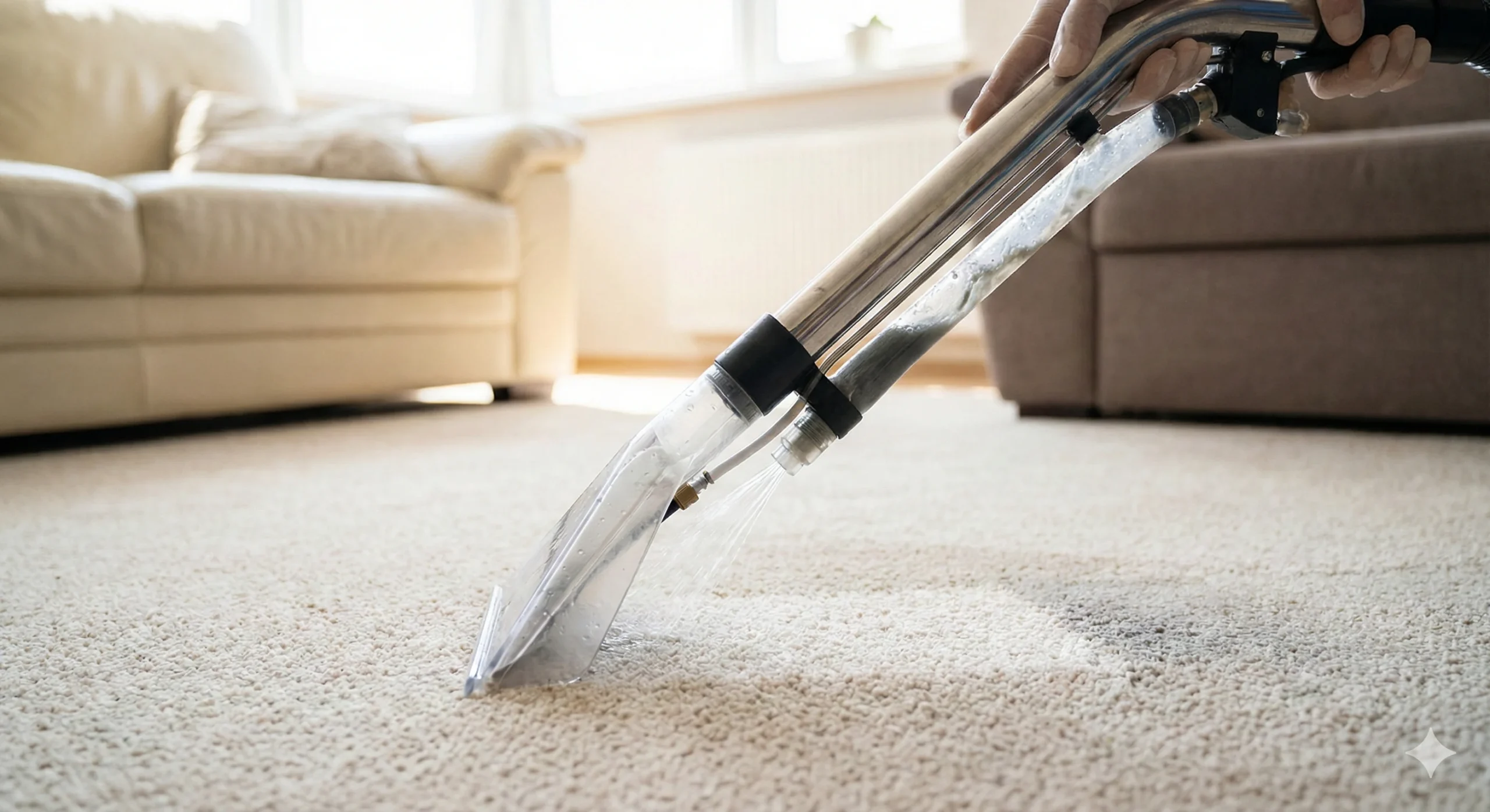 Gros plan sur l'embout transparent d'une machine professionnelle d'injection-extraction en action sur un tapis de salon beige. On distingue nettement le jet d'eau propre injecté dans les fibres et l'eau sale, grisâtre, immédiatement aspirée à travers le tube transparent, illustrant un nettoyage en profondeur à domicile