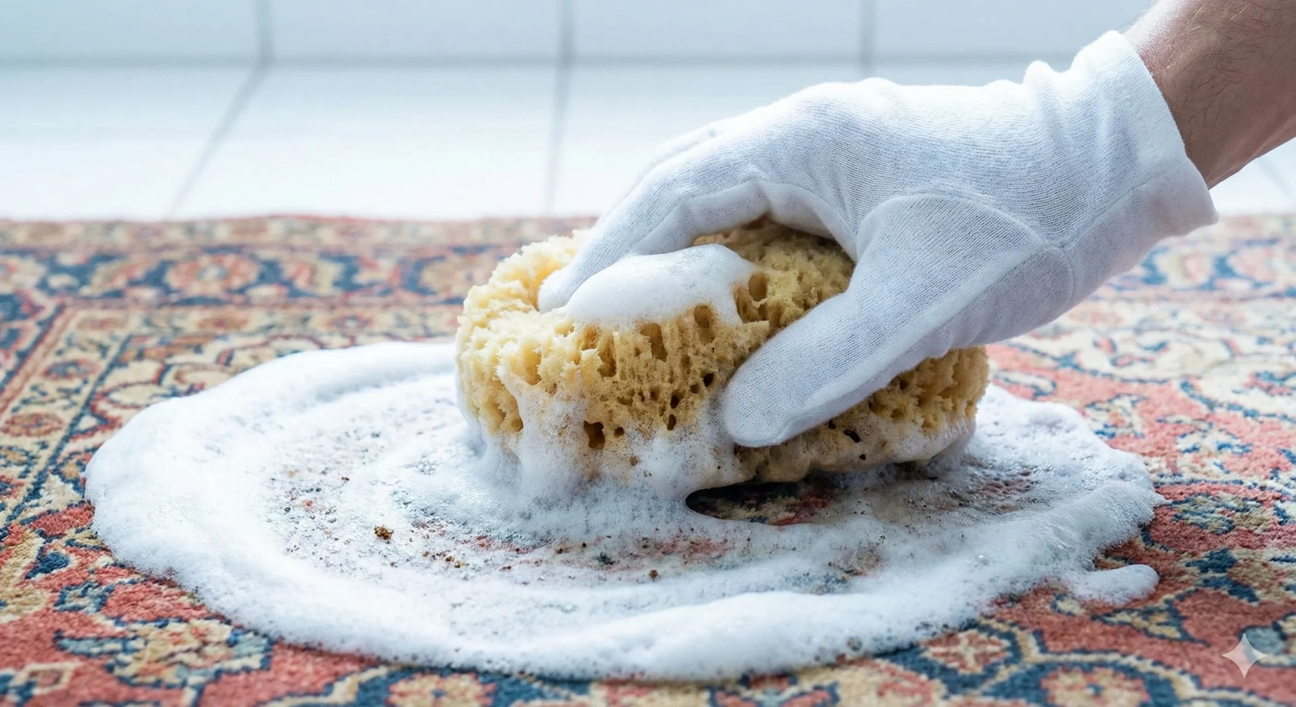 Gros plan sur une main gantée de blanc utilisant une éponge naturelle gorgée de mousse blanche pour nettoyer en douceur les fibres d'un tapis à motifs. L'action se déroule sur un sol carrelé blanc dans une ambiance lumineuse et propre, illustrant le soin apporté lors du lavage