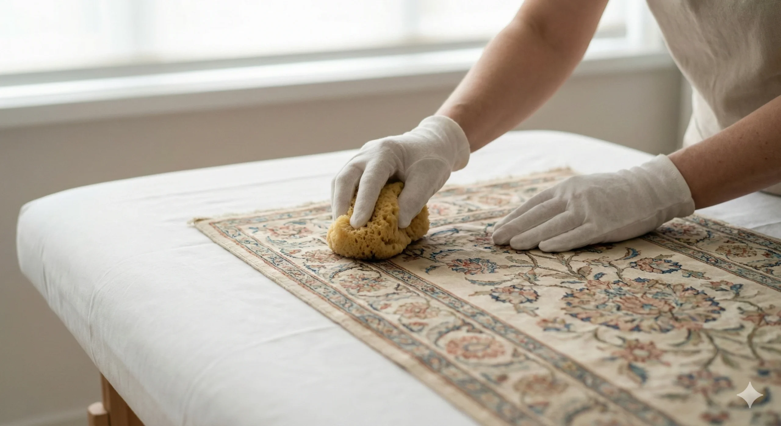 Gros plan dans un atelier lumineux sur les mains d'un artisan portant des gants de coton blanc. Il nettoie délicatement un petit tapis de soie ancien à motifs floraux en tamponnant la surface avec une éponge de mer naturelle humide. Le tapis est posé sur une table couverte d'un drap blanc.
