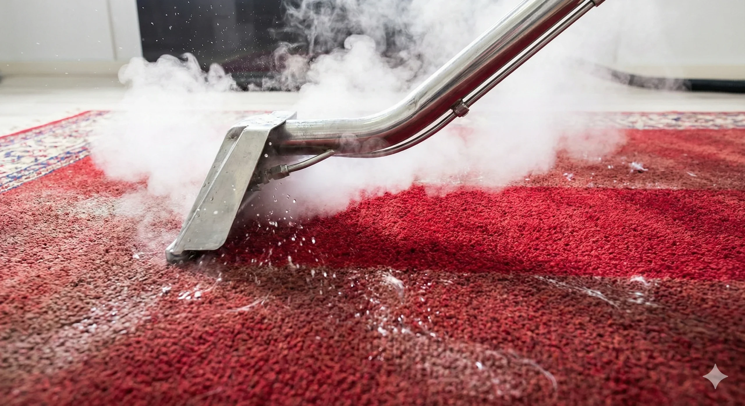 Vue en action d'une buse d'injection-extraction vapeur professionnelle en métal nettoyant en profondeur un tapis rouge. Un nuage de vapeur s'échappe et la différence de propreté et de couleur est visible après le passage de l'outil.