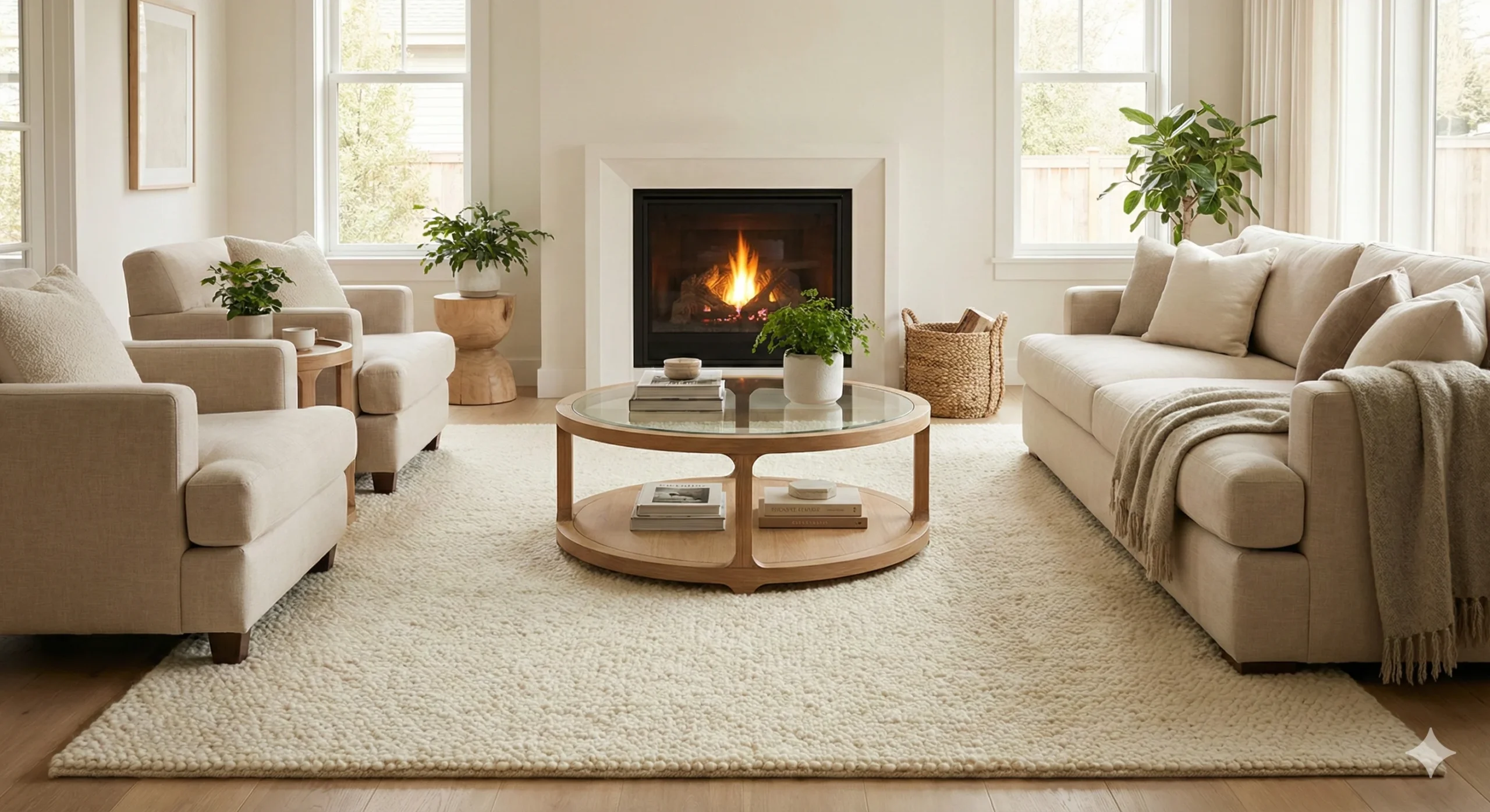 Photographie d'un salon résidentiel lumineux, moderne et très chaleureux avec une cheminée allumée. Au centre, un grand tapis en laine beige clair, épais et texturé, est d'une propreté immaculée sous une table basse ronde en bois. L'ensemble dégage une sensation de confort, de douceur et d'hygiène domestique parfaite