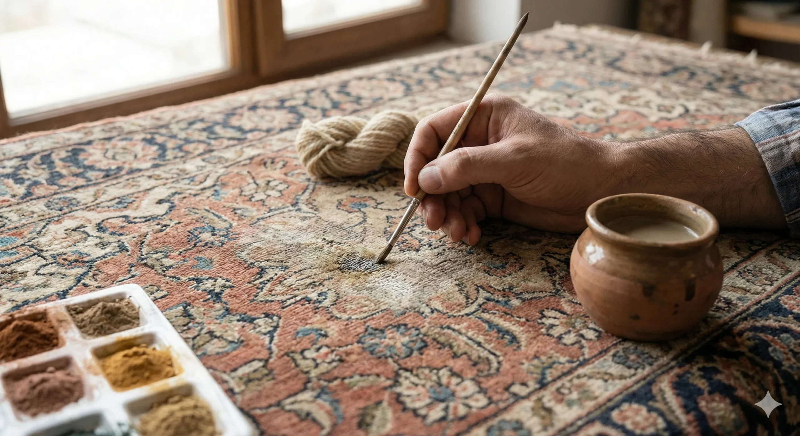 Vue détaillée de la main d'un artisan appliquant délicatement, à l'aide d'un pinceau fin, une teinture naturelle sur les motifs d'un tapis ancien pour en raviver l'éclat. Au premier plan, une palette contenant différentes poudres de pigments ocre et terre illustre le travail d'harmonisation des teintes