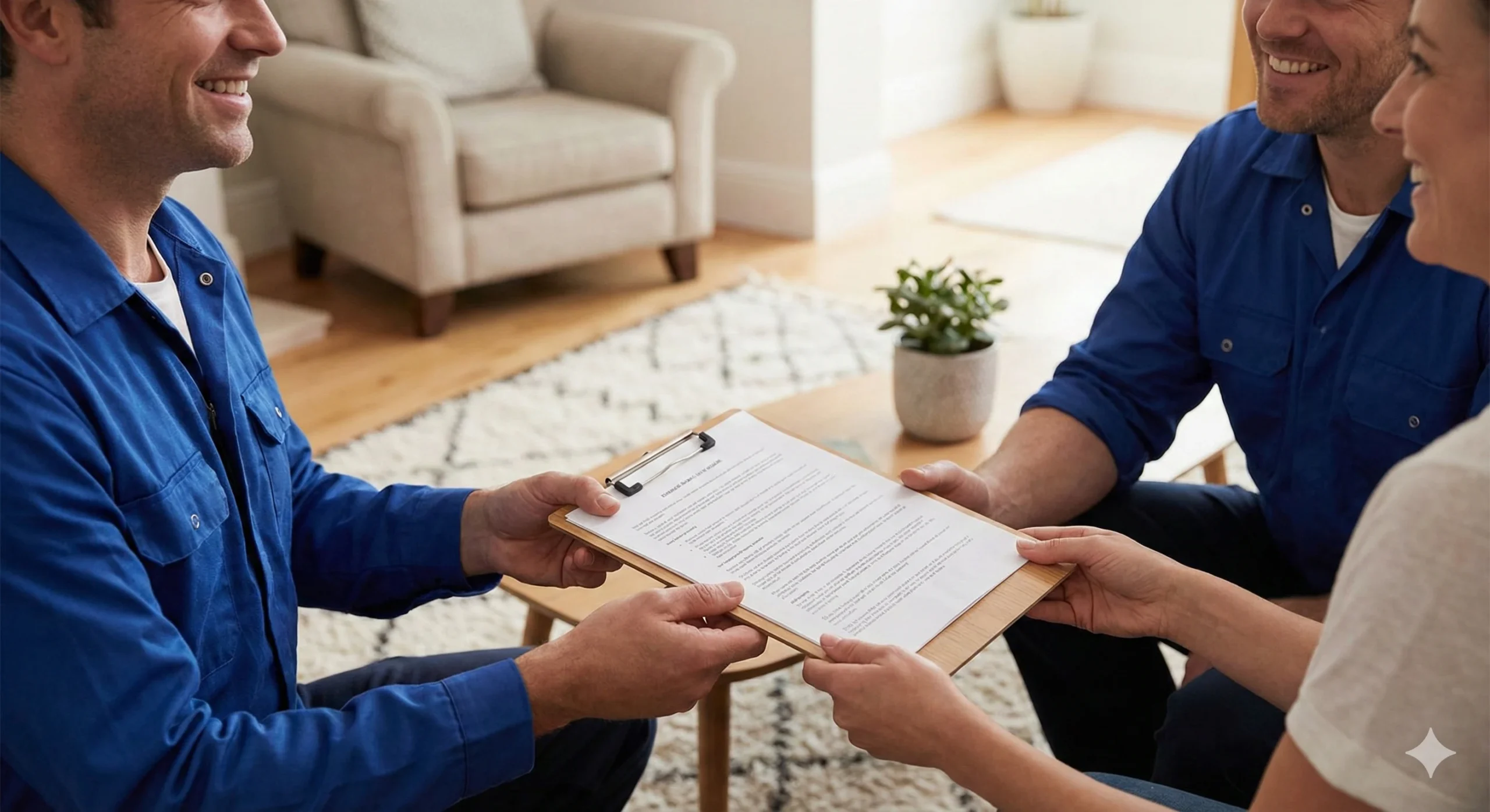 Photographie en plan moyen montrant les mains d'un artisan en bleu de travail remettant un devis sur un porte-bloc à un couple de clients souriants dans leur salon. Le tapis propre est visible en arrière-plan flou. L'image illustre une relation commerciale transparente et de confiance