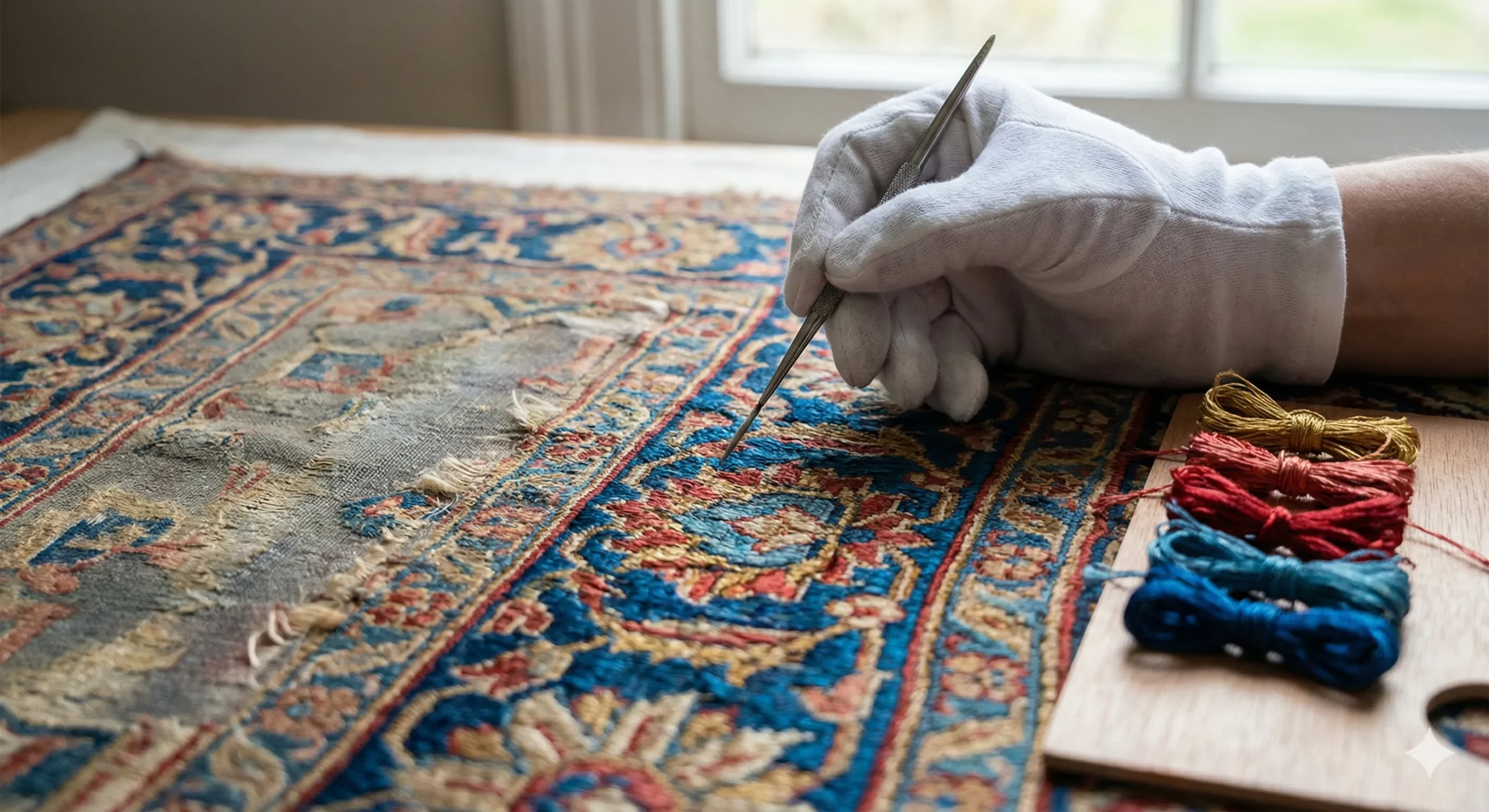 Photographie montrant une main gantée de blanc utilisant un outil fin pour pointer une zone aux couleurs bleues et rouges vibrantes sur un tapis de soie ancien restauré. Juste à côté, une zone d'origine apparaît terne et élimée. Des échantillons de fils de soie colorés sont posés sur une palette en bois à droite, illustrant le travail de repiquage des couleurs.
