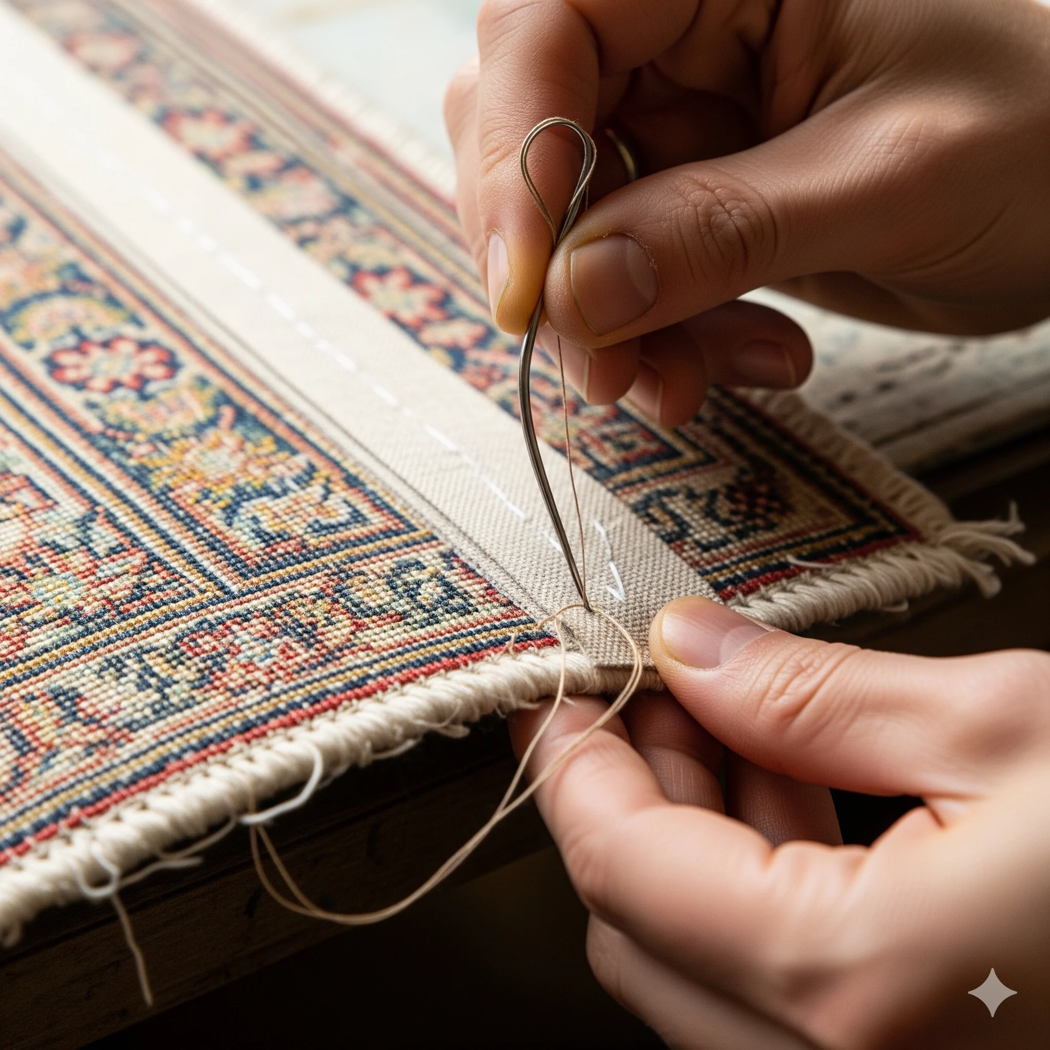 Gros plan sur les mains d'un artisan restaurateur utilisant une aiguille courbe et un fil fin pour coudre manuellement une bande de protection en lin sur le bord latéral d'un tapis ancien à motifs fins, juste au-dessus des franges. Le geste est précis et sous lumière naturelle.