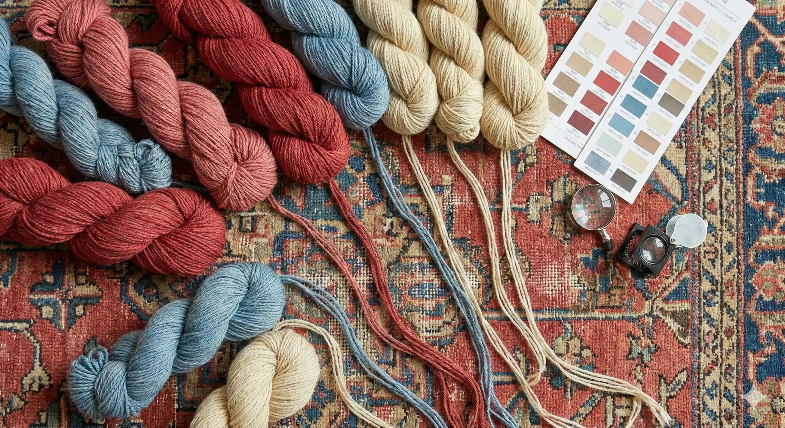 Vue de dessus (flat lay) montrant plusieurs écheveaux de laine de couleurs différentes posés sur un tapis persan ancien, avec un nuancier et une loupe, pour illustrer le processus de sélection précis de la teinte correspondant à la patine d'origine