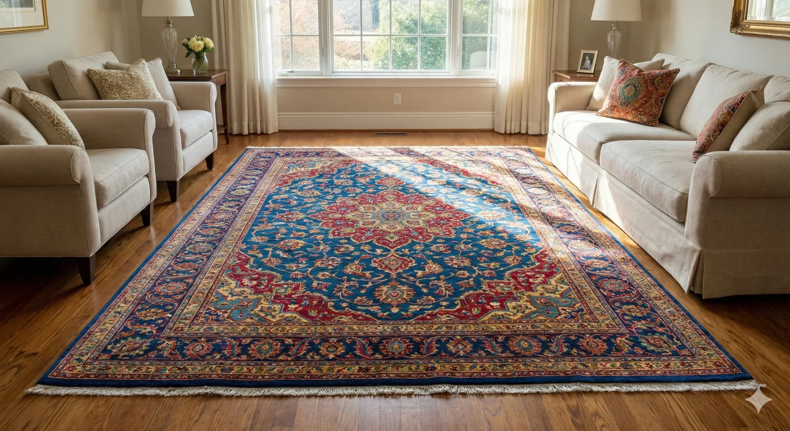 Photographie lumineuse d'un grand tapis persan aux motifs bleus et rouges très vifs, posé sur un parquet dans un salon élégant. La lumière rasante du soleil met en valeur l'éclat des couleurs et le "gonflant" de la laine, témoignant d'un nettoyage professionnel récent et soigné