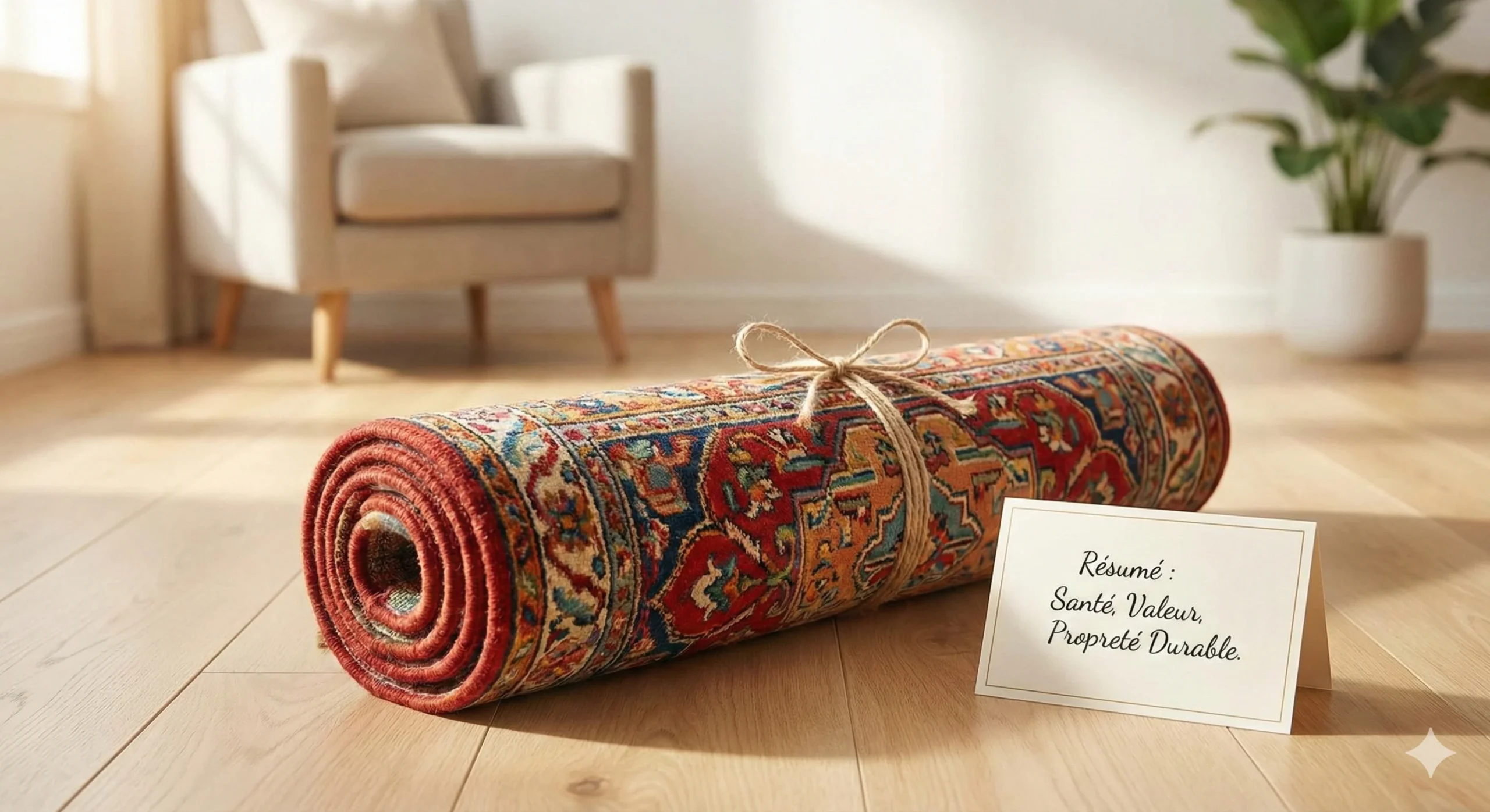 Tapis persan propre et roulé, attaché avec de la ficelle, posé sur un parquet en chêne dans un salon lumineux. À côté, une carte manuscrite affiche le texte : "Résumé : Santé, Valeur, Propreté Durable