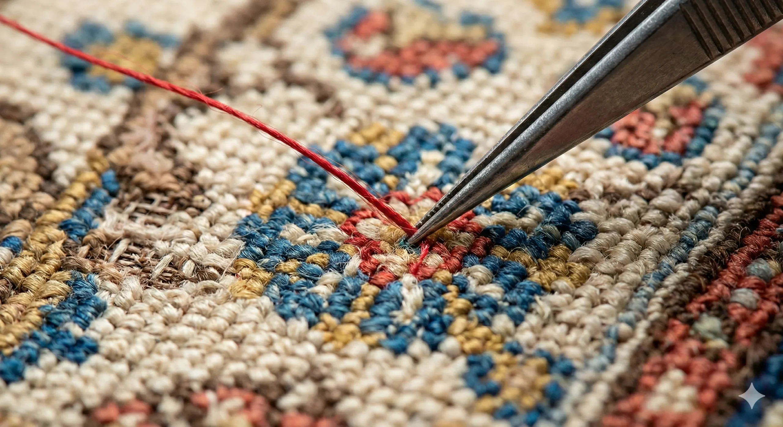 Photographie macro ultra-détaillée montrant les pointes d'une pince brucelle en métal insérant un fil rouge très fin dans la trame endommagée d'un tapis ancien. L'action vise à reconstituer point par point un minuscule motif floral bleu et or, illustrant une technique de greffe textile de haute précision