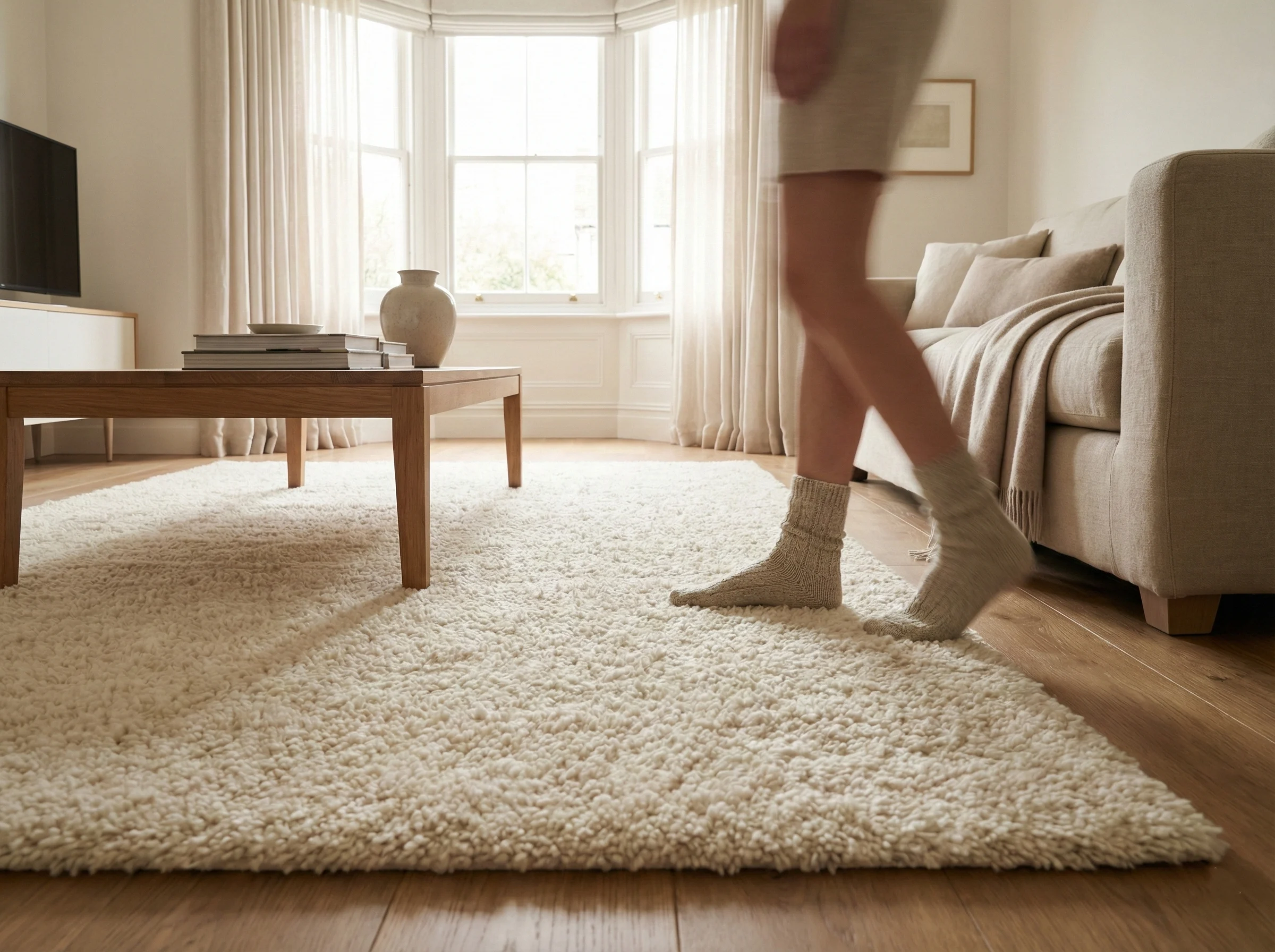 Vue d'un salon moderne et lumineux où une personne en chaussettes marche confortablement sur un épais tapis shaggy de couleur crème, illustrant le confort et la propreté d'un intérieur sain suite à un entretien régulier du domicile.