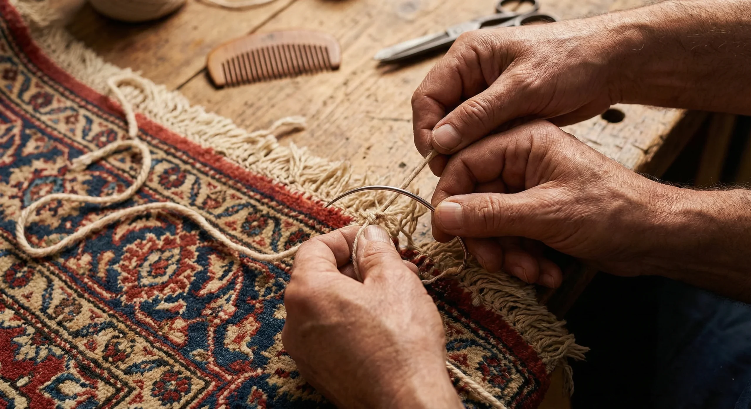 Restauration de Tapis Persan : Réparation Artisanale des Franges Anciennes