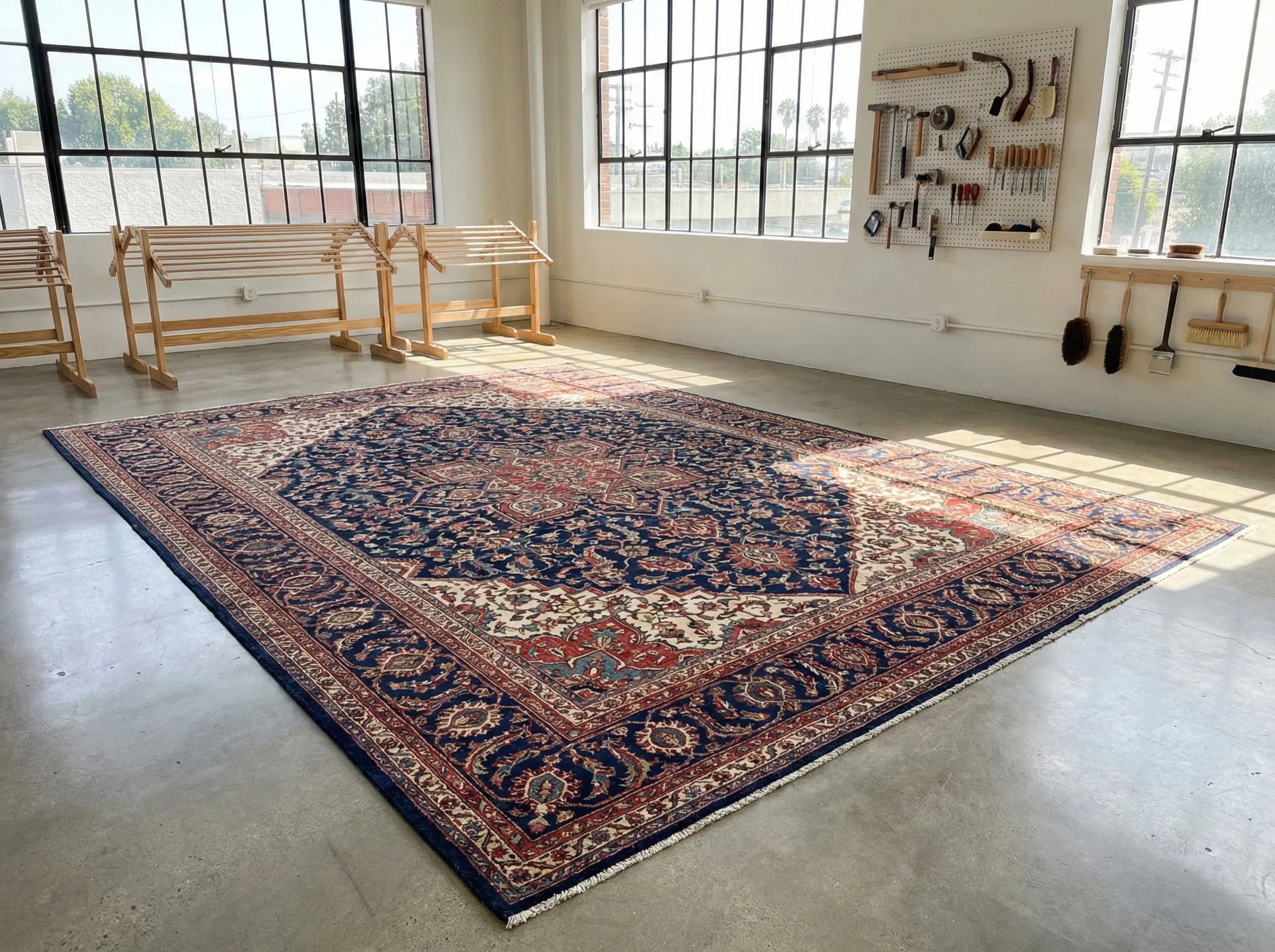 Vue large d'un grand tapis d'orient vintage aux couleurs vives (bleu, rouge, crème), étendu à plat pour le séchage sur le sol en béton d'un atelier d'artisan spacieux, propre et baigné de lumière naturelle provenant de grandes fenêtres. Des chevalets de séchage en bois et un panneau d'outils rangés sont visibles en arrière-plan.