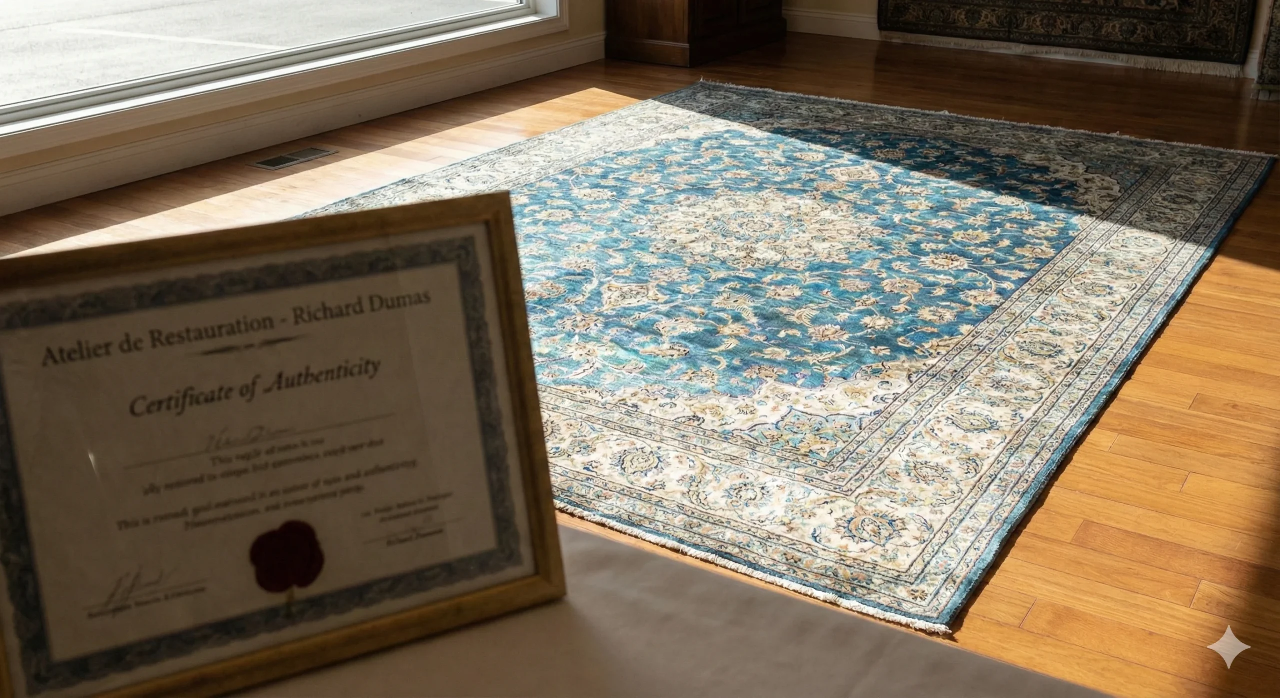 Vue large dans un showroom lumineux d'un grand tapis de soie persan de style Ghom aux motifs floraux bleus et or, parfaitement restauré et étalé sur un parquet. La lumière rasante du soleil fait miroiter les fibres de soie. Au premier plan flou, un certificat d'authenticité encadré au nom de "Atelier de Restauration - Richard Dumas" est visible