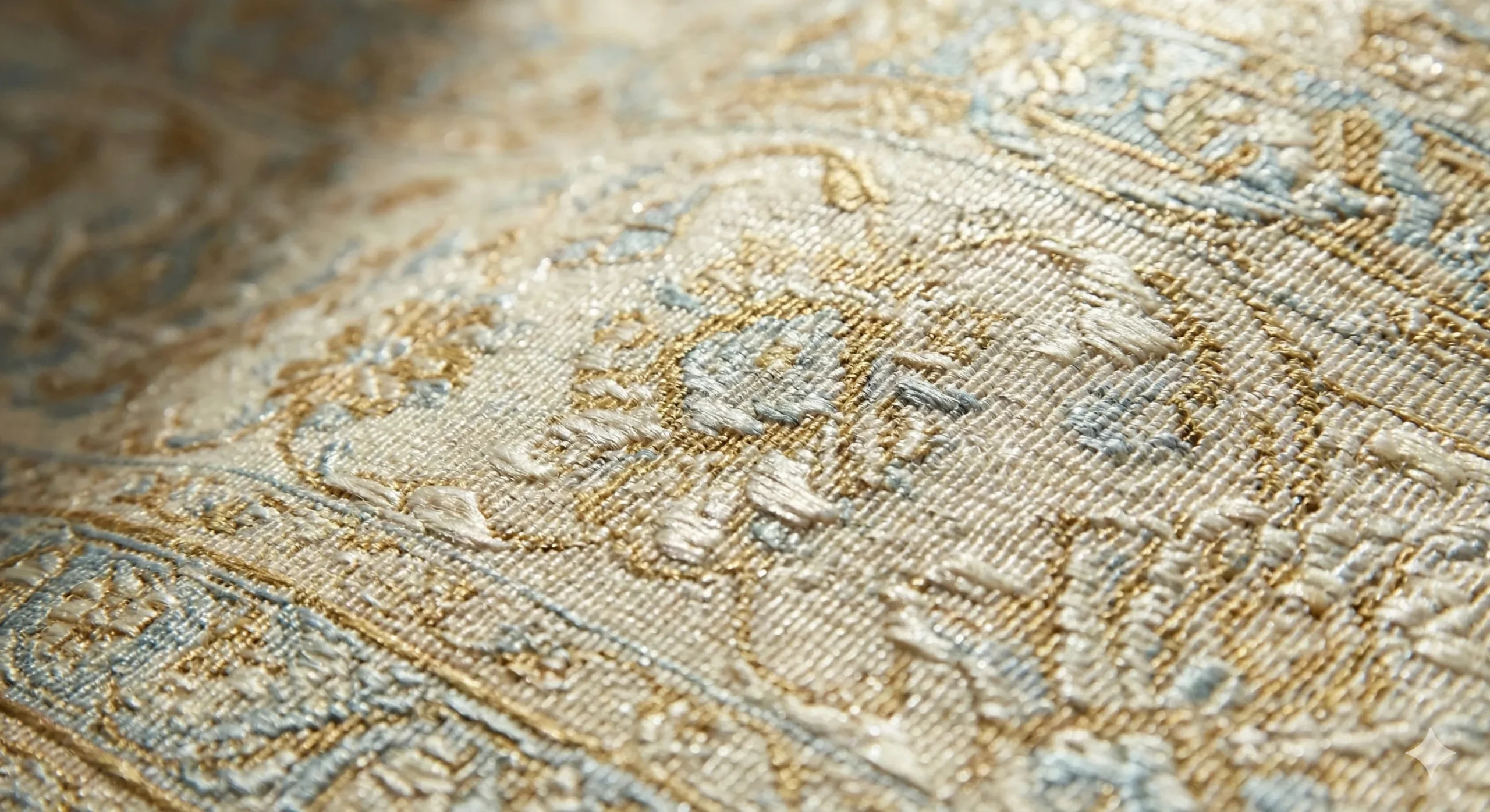 Photographie macro artistique de la surface d'un tapis en soie persan ancien. La lumière latérale fait scintiller les fibres de soie, révélant la finesse extrême des nœuds et les détails du motif floral aux tons ivoire, or et bleu pâle, soulignant l'aspect précieux et délicat du textile.