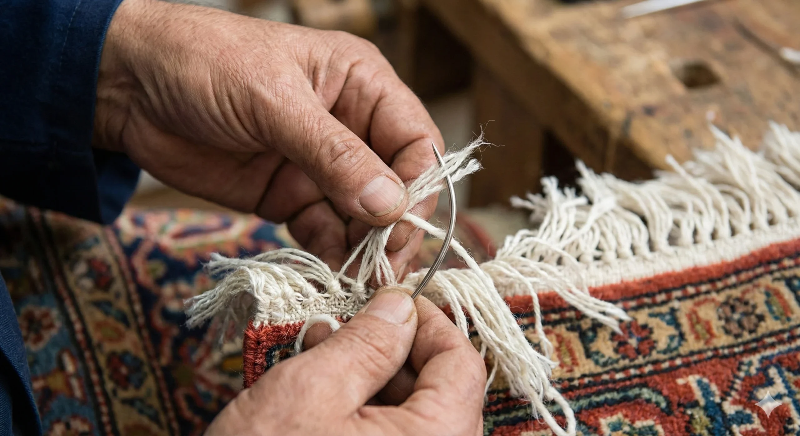 Gros plan sur les mains d'un artisan utilisant une aiguille courbe et du fil blanc pour restaurer manuellement les franges d'un tapis ancien.