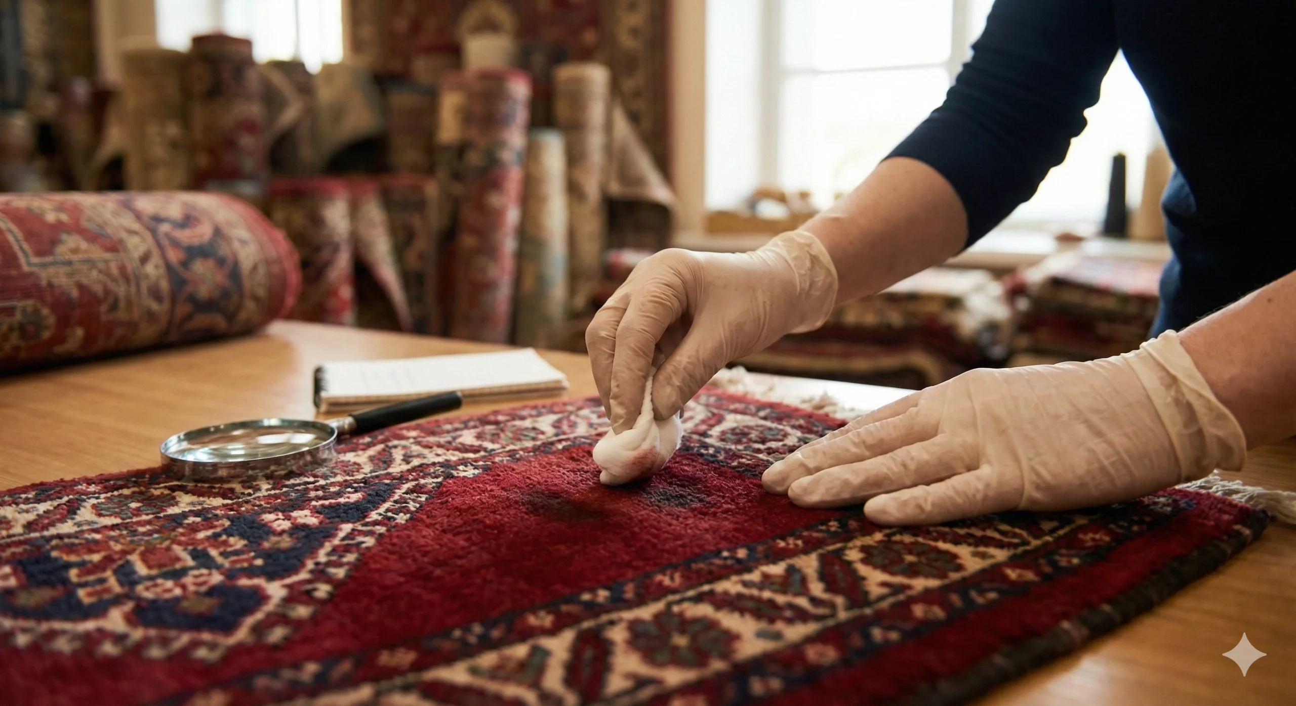 Gros plan sur les mains gantées d'un expert textile effectuant un test de solidité des couleurs avec un coton-tige humide sur un tapis persan rouge. Une loupe et un carnet sont posés sur la table en bois de l'atelier.
