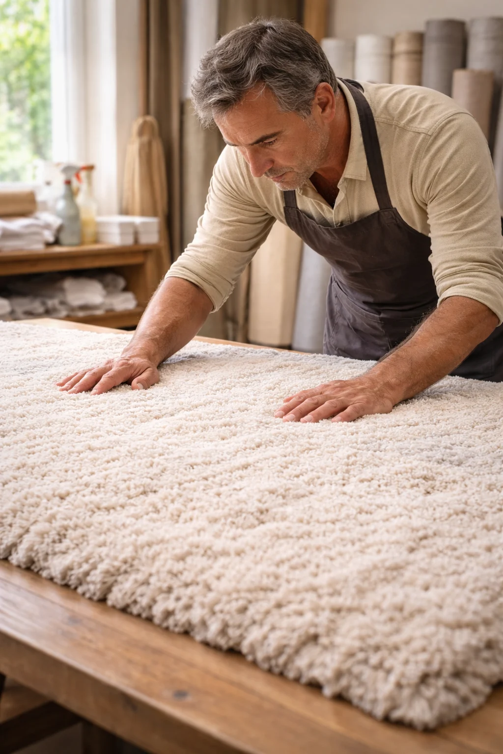 Artisan tapissier professionnel inspectant un tapis en laine beige pour nettoyage et entretien