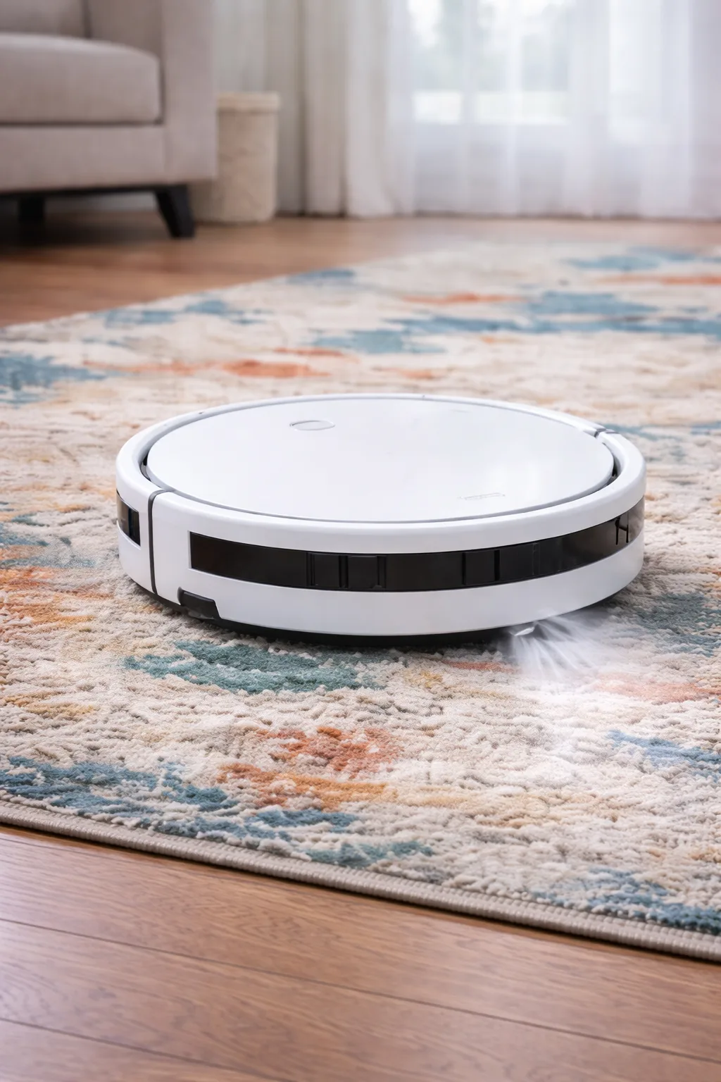 Aspirateur robot blanc pour nettoyage automatique et entretien régulier de tapis coloré