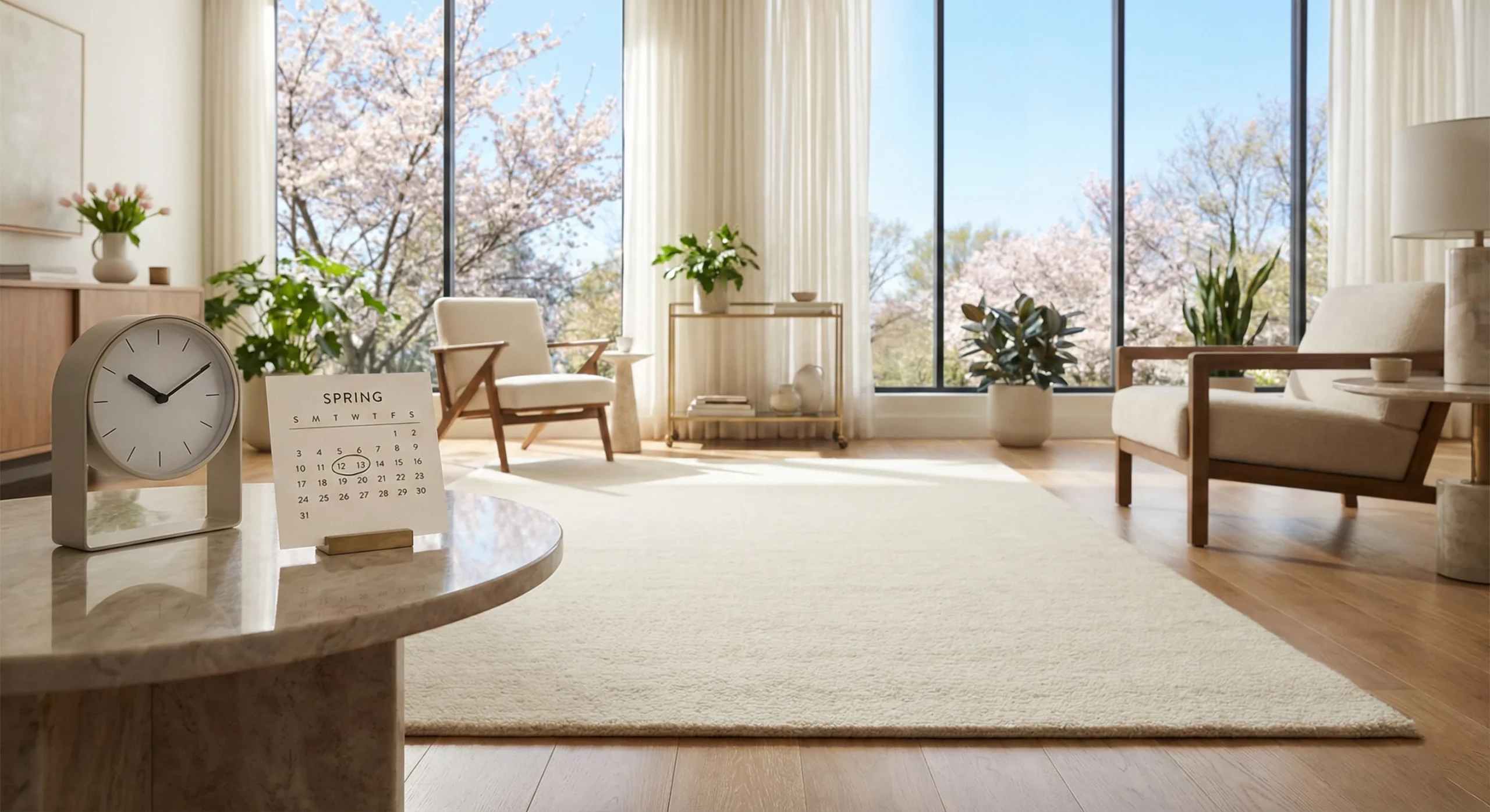 Salon moderne et lumineux au printemps avec un grand tapis beige parfaitement propre. Au premier plan, une horloge et un calendrier illustrant l'importance de respecter un calendrier d'entretien annuel pour préserver l'hygiène de ses tapis.