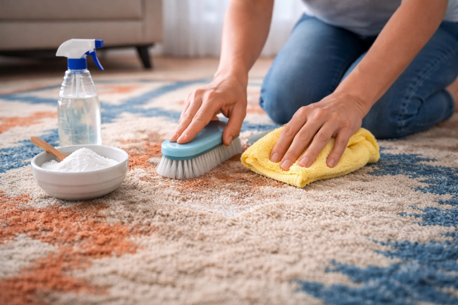 Détachage manuel de tapis avec brosse et chiffon microfibre pour enlever les taches tenaces