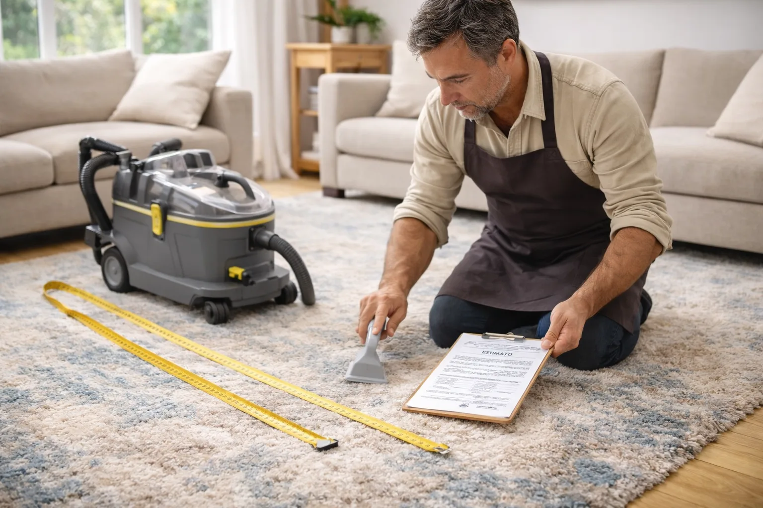 Professionnel du nettoyage de tapis établissant un devis avec évaluation des dimensions et estimation du prix